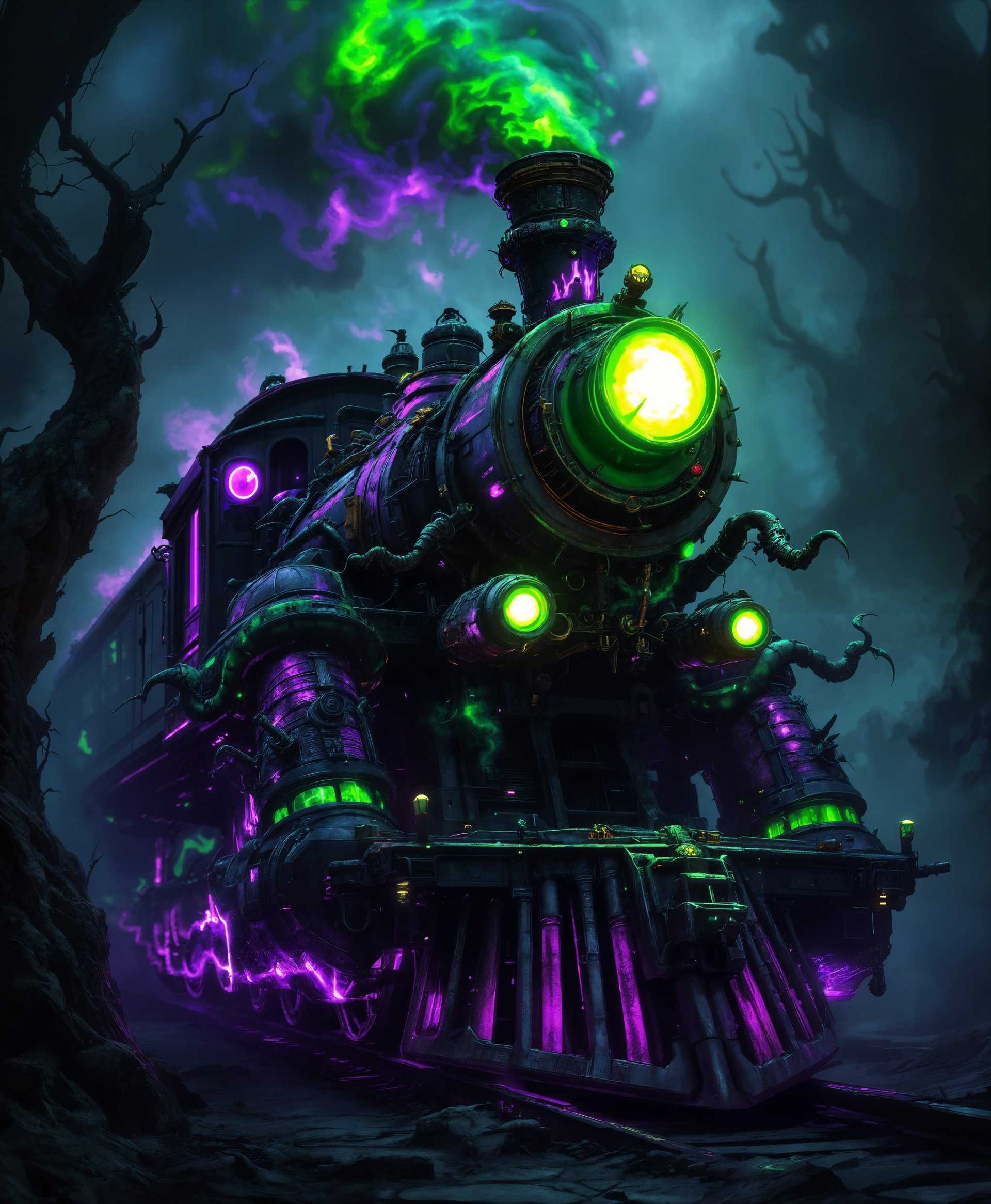 masterpiece, best quality, highres, sharp image, more detail, masterpiece, best quality, highres, sharp image, more detail, **Prompt for AI Image Generation:**

- **Subject**: A highly detailed portrait of Doomtrain, the primal from the "Final Fantasy" game series, focusing on its unique, train-like form with an ethereal, ghostly presence.
- **Visual Details**: 
  - **Textures**: Rusted metal, swirling green and purple poisonous vapors, ethereal glow around the edges.
  - **Colors**: Predominantly dark with accents of sickly green and violet hues, highlighting the toxic nature of Doomtrain.
  - **Lighting**: Backlighting to emphasize the silhouette, with a soft, eerie glow emanating from the train itself.
- **Style**: Steampunk, with elements of fantasy art, reminiscent of H.R. Giger's biomechanical designs, but with a more vibrant and animated touch.
- **Composition**: 
  - **Layout**: Close-up portrait with Doomtrain filling the frame, showcasing its menacing front with poisonous smoke billowing from its chimneys.
  - **Camera Angle**: Low angle shot to enhance the imposing nature of Doomtrain, making it appear larger and more threatening.
  - **Framing**: Tight framing with the train's headlight in the center, surrounded by the swirling mist of poison, creating a sense of movement and dynamic energy.
- **Mood and Atmosphere**: 
  - **Feeling**: Eerie, dangerous, and mystical, with an undercurrent of decay and corruption.
  - **Time of Day**: Nighttime, with the train's light piercing through the darkness.
  - **Weather**: Overcast, with a slight fog to enhance the ghostly and eerie vibe.
- **Technical Aspects**: 
  - **Focus**: Selective focus on Doomtrain's face, with the background slightly blurred to emphasize its presence.
  - **Depth of Field**: Shallow, to isolate Doomtrain from its environment, emphasizing its importance.
  - **Exposure**: Slightly underexposed to maintain the dark, mysterious atmosphere.
- **Cohesion**: All elements are unified to portray Doomtrain as a fearsome, mythical entity from the "Final Fantasy" universe, blending the mechanical with the supernatural in a seamless, believable manner.