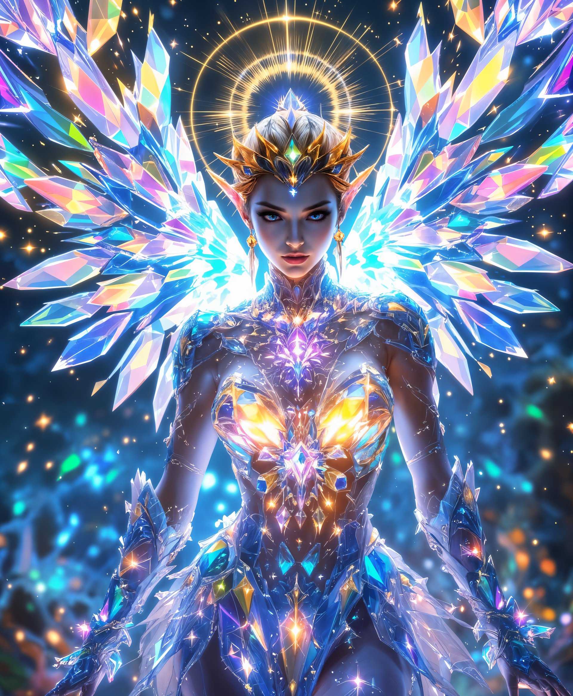 masterpiece, best quality, highres, sharp image, more detail, masterpiece, best quality, highres, sharp image, more detail, A highly detailed portrait of **Madeen**, the Primal from the "Final Fantasy" series, embodying the essence of the **Holy Element**. Here's how the scene is envisioned:

- **Visual Details**: Madeen's luminous form is rendered with intricate details, showcasing ethereal wings that shimmer with a radiant, prismatic glow. Her body is adorned with crystalline structures that reflect light in a myriad of colors, creating a halo effect around her. The textures are a mix of smooth, almost glass-like surfaces and the delicate, feathery softness of her wings.

- **Style**: The artwork is inspired by a blend of **fantasy illustration** and **hyper-realism**, capturing Madeen in a way that feels both mythical and tangible. The style aims to convey the divine power of the Holy Element through a meticulous attention to detail, reminiscent of the works of Yoshitaka Amano but with a modern, almost photorealistic approach.

- **Composition**: Madeen is positioned centrally, her gaze directed slightly upwards as if she's receiving or channeling the holy power from above. The camera angle is slightly low to give her an imposing, divine presence. The background is a soft, out-of-focus gradient of celestial light, focusing the viewer's attention on her.

- **Mood and Atmosphere**: The atmosphere is serene yet powerful, evoking a sense of awe and reverence. The time of day is indeterminate, with a celestial light enveloping the scene, suggesting an eternal moment of divine intervention. The mood is one of tranquility and majesty, with subtle hints of divine wrath in the subtle, controlled energy emanating from Madeen.

- **Technical Aspects**: The image utilizes **high dynamic range (HDR)** techniques to enhance the contrast between the bright, holy light and the surrounding darkness, creating a dramatic yet ethereal lighting effect. The use of **bokeh** in the background softens the edges, focusing the viewer's eye on Madeen. The portrait employs **soft focus** for parts of her wings to give a sense of depth and mystique, while her face and core are in sharp, detailed focus.

- **Cohesion**: All elements, from the detailed depiction of Madeen's form to the background lighting and composition, work in harmony to present her as a divine entity of immense power, the embodiment of the Holy Element, in a scene that feels both otherworldly and intimately connected to the viewer.