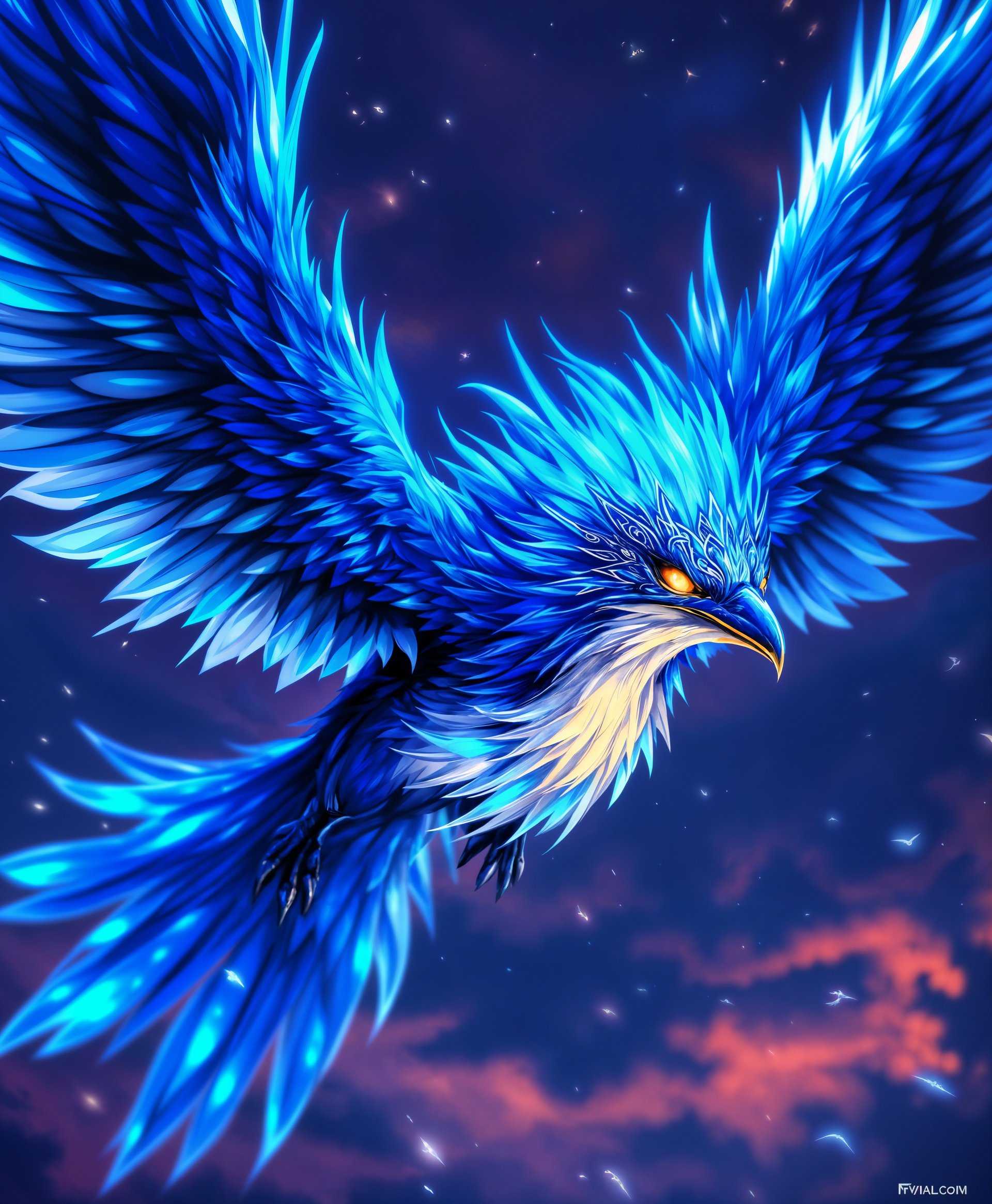 masterpiece, best quality, highres, sharp image, more detail, masterpiece, best quality, highres, sharp image, more detail, A highly detailed, dynamic portrait of Valefor from the "Final Fantasy" series, captured in mid-flight. **Visual Details:** Emphasize Valefor's vibrant, mythical feathers with iridescent blue hues, shimmering in the light. The beak should be sharply defined, with intricate patterns reminiscent of ancient glyphs. Her eyes should glow with an inner light, reflecting both wisdom and ferocity. **Style:** Utilize a blend of digital art with influences from Japanese ukiyo-e, focusing on bold lines and striking contrasts. **Composition:** Valefor is the central figure, wings spread wide, filling the frame with her majestic presence. The camera angle should look up at her, enhancing her imposing stature. **Mood and Atmosphere:** Set the scene during a twilight hour, with the sky painted in deep purples and oranges, suggesting a mystical, almost ethereal backdrop. **Technical Aspects:** Employ techniques like rim lighting to highlight her silhouette against the sky, and use depth of field to blur distant clouds, focusing attention on Valefor. **Cohesion:** The entire image should convey a sense of awe and reverence, with Valefor's flight evoking the feeling of a divine messenger or guardian spirit from a legendary realm.