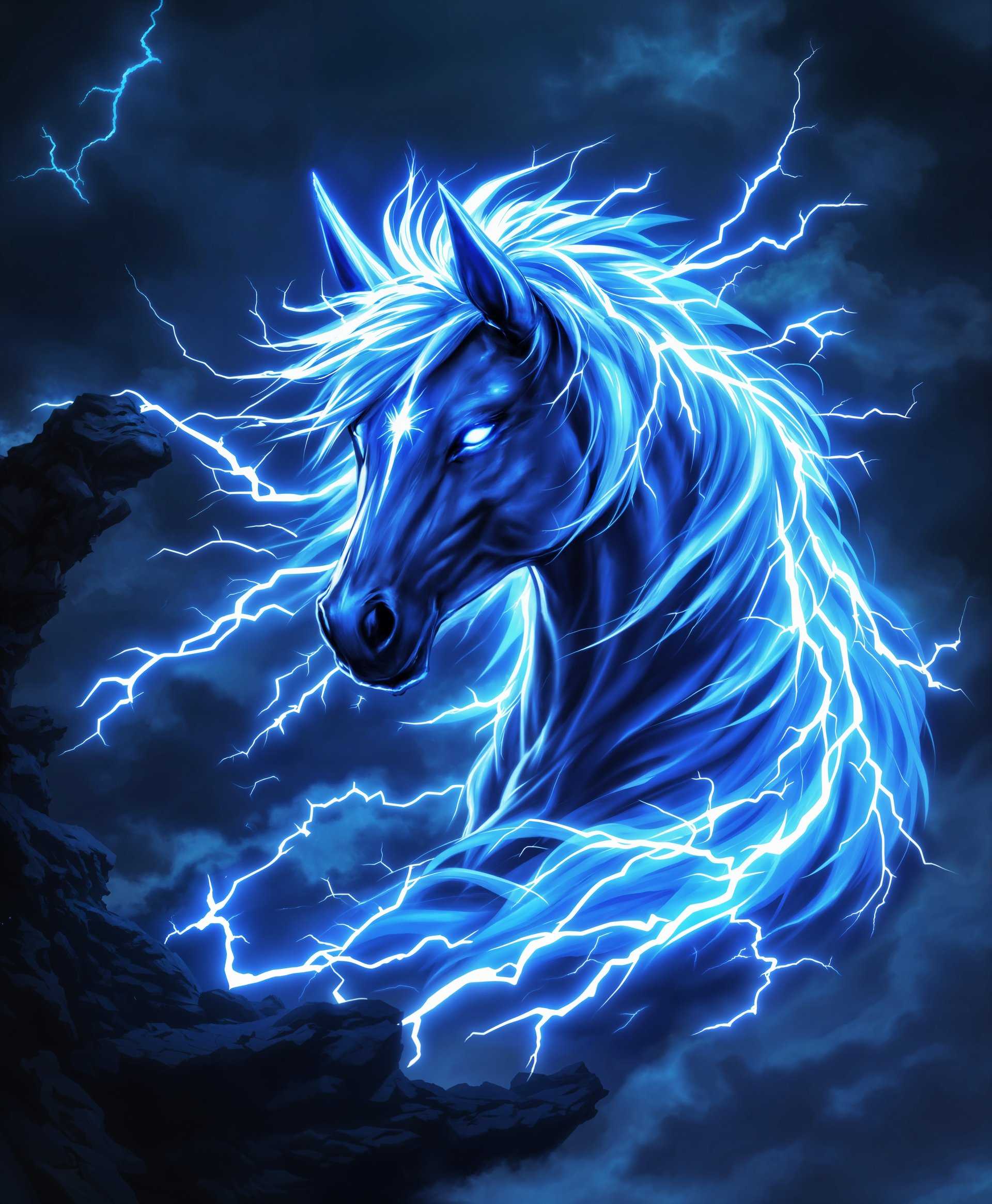 masterpiece, best quality, highres, sharp image, more detail, masterpiece, best quality, highres, sharp image, more detail, **Subject**: Ixion, the primal from Final Fantasy, depicted as a majestic, ethereal horse with a singular horn on its forehead, radiating with the energy of thunder.

**Visual Details**: 
- **Fur**: Shimmering with a metallic sheen, transitioning from dark to light blue, capturing the essence of lightning.
- **Horn**: Crafted from pure, glowing electricity, pulsating with energy, and emitting small sparks.
- **Eyes**: Glowing with an intense electric blue, reflecting its inner power.
- **Mane and Tail**: Flowing like bolts of lightning, with streaks of bright white and blue, appearing almost weightless as if made of pure energy.

**Style**: 
- **Digital Art**: Highly detailed with photorealistic textures, combined with a stylized approach to capture the fantasy elements.
- **Lighting**: High contrast with dramatic shadows, using rim lighting to emphasize Ixion's silhouette against a charged, stormy backdrop.

**Composition**: 
- **Framing**: Ixion is captured in a dynamic, mid-run pose, filling the frame with motion and energy.
- **Camera Angle**: Low angle shot to enhance the sense of power and majesty, looking up at Ixion as it charges forward.
- **Background**: A storm-filled sky, with dark clouds and lightning strikes complementing Ixion's electric aura.

**Mood and Atmosphere**: 
- **Electric Energy**: The air feels charged with the imminent threat of a thunderstorm, enhancing the mood of power and unpredictability.
- **Time**: Twilight, where the last light of day mixes with the approaching storm, creating an intense, almost supernatural glow.

**Technical Aspects**: 
- **Depth of Field**: Shallow to focus on Ixion, with the background slightly blurred to emphasize the subject.
- **Motion Blur**: Subtle blur on Ixion's legs to convey speed and movement.
- **HDR**: High Dynamic Range to capture the full spectrum of light and shadow, from the darkest storm clouds to the brightest lightning.

**Cohesion**: 
- Every element from the lighting, the storm in the background, to Ixion's electric mane and tail, works in harmony to create a scene that is both awe-inspiring and slightly foreboding, capturing the essence of a mythical creature of thunder.