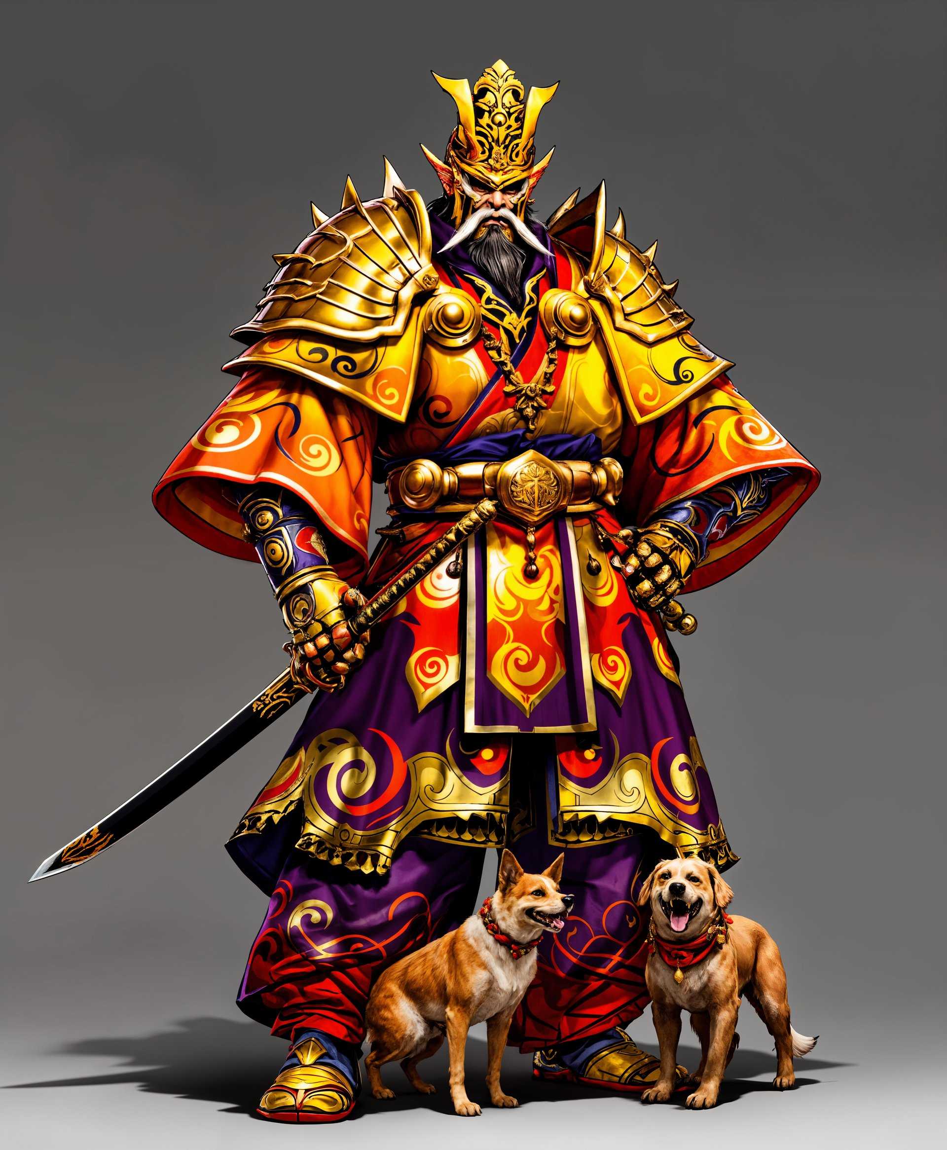 masterpiece, best quality, highres, sharp image, more detail, masterpiece, best quality, highres, sharp image, more detail, **Highly Detailed Portrait of Yojimbo the Samurai with Daigoro, "Final Fantasy"**

- **Subject:** Yojimbo, a colossal samurai from "Final Fantasy," stands imposingly beside his loyal dog, Daigoro. 

- **Visual Details:**
  - **Yojimbo:** Clad in ornate, colorful robes transitioning from gold to deep orange to rich purple. His armor includes:
    - **Pauldrons:** Massive, with gold spirals reminiscent of Shinto torii gates.
    - **Jinbaori Jacket:** High rank indicating, worn like a cape, adorned with intricate gold patterns.
    - **Hat:** A gold embossed jingasa, adding to his majestic presence.
    - **Mask:** A fanged menpo mask, traditional for samurai, enhancing his fierce aura.
    - **Weapon:** Wields a massive, intricately designed katana with a hilt wrapped in silk, reflecting his status.
    - **Footwear:** Traditional geta shoes, grounding his colossal figure.
  - **Daigoro:** A faithful companion, depicted with realistic fur texture, sitting loyally at Yojimbo's side, his eyes reflecting both intelligence and devotion.

- **Style:** Rendered in a style that blends traditional Japanese art with fantasy elements, reminiscent of Ukiyo-e prints but with hyper-realistic detail akin to modern digital art.

- **Composition:**
  - Yojimbo is positioned centrally, his towering presence dominating the frame, with Daigoro slightly off-center, looking up at him.
  - The camera angle is slightly low, enhancing Yojimbo's grandeur and emphasizing the ornamental details of his armor.
  - Framing includes elements of a traditional Japanese garden or shrine in the background, providing depth and cultural context.

- **Mood and Atmosphere:**
  - The scene is bathed in the golden hour light, casting long shadows and highlighting the metallic sheen of Yojimbo's armor.
  - The atmosphere is calm yet charged with an underlying tension, reflecting Yojimbo's readiness for battle.

- **Technical Aspects:**
  - **Lighting:** Use of rim lighting to highlight the edges of Yojimbo's armor, creating a dramatic silhouette effect.
  - **Focus:** Depth of field with a shallow focus on Yojimbo, blurring the background slightly to emphasize his importance.
  - **Color Grading:** Warm tones dominate, with desaturated colors in the background to focus attention on the vibrant colors of Yojim