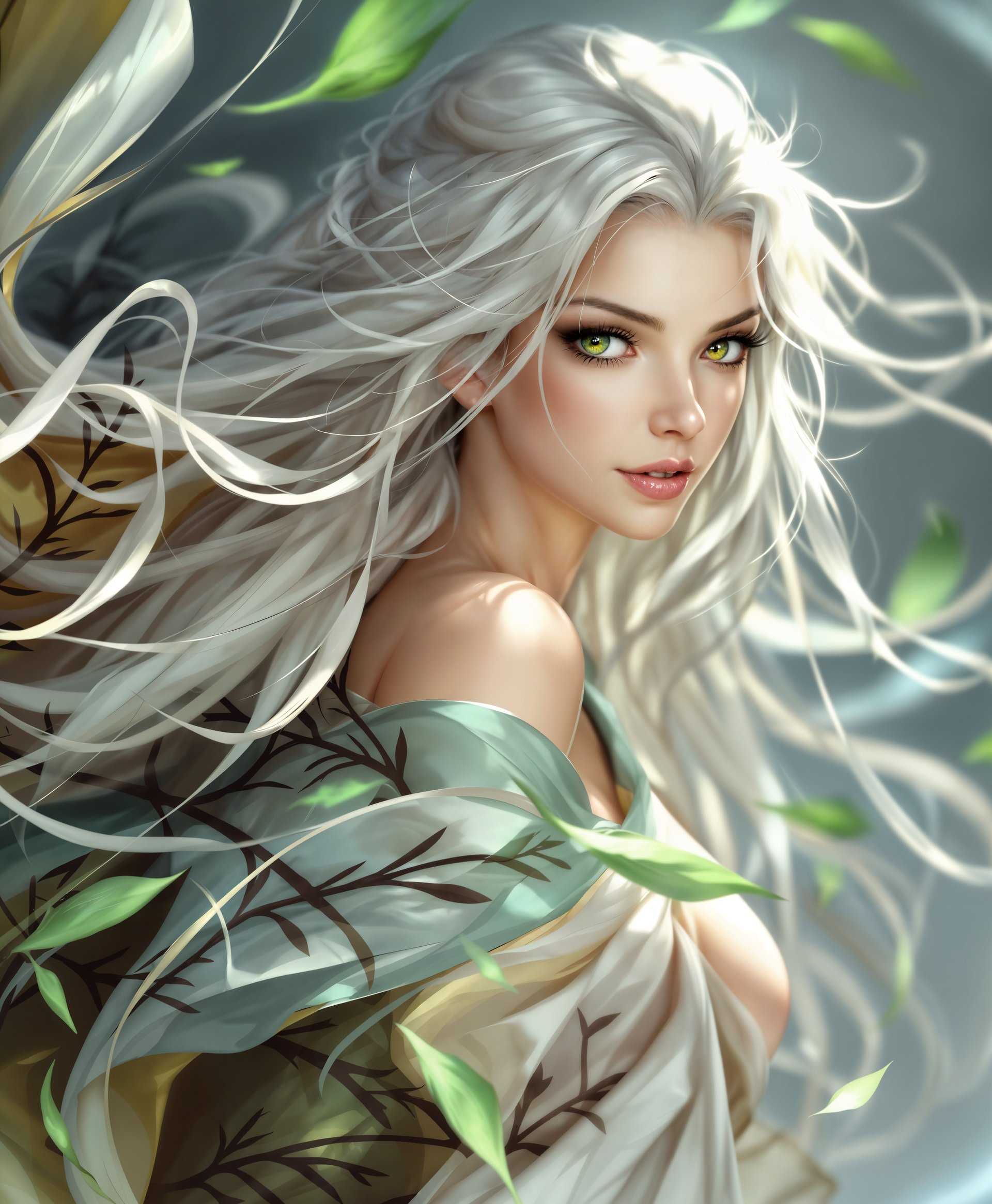 masterpiece, best quality, highres, sharp image, more detail, masterpiece, best quality, highres, sharp image, more detail, Create a highly detailed portrait of the **Wind Element Spirit** from the game series "Final Fantasy" with the following specifications:

- **Subject:** Capture the ethereal beauty of the Wind Element Spirit. This spirit should embody the essence of air and movement, with flowing, almost translucent robes or garments that appear to ripple like the wind itself. The spirit's form should be subtly human-like yet distinctly otherworldly, with features that suggest a connection to the wind and sky.

- **Visual Details:**
  - **Colors:** Use a palette of soft, muted greens, blues, and whites, with hints of silver and gold to reflect the spirit's divine nature. The colors should blend seamlessly, evoking the gentle transition from sky to horizon.
  - **Textures:** Incorporate the texture of flowing silk, with ripples and waves suggesting constant motion. The spirit's hair should be long, airy, and almost indistinguishable from the wind around it.
  - **Lighting:** Utilize soft, diffuse lighting to give a luminous glow around the spirit, with backlighting to emphasize the transparency and movement of its form. The light should suggest the warmth of a setting sun or the first light of dawn.

- **Style:** 
  - Employ a **Pre-Raphaelite** style, known for its detailed, almost obsessive attention to detail, vivid colors, and complex compositions, but with a modern twist that integrates elements of fantasy art.
  - Use a **high-fantasy** aesthetic, where the realism of the portrait blends seamlessly with the fantastical elements of the Wind Spirit's appearance.

- **Composition:** 
  - Position the spirit slightly off-center, looking towards the viewer or into the distance, evoking a sense of mystery and invitation. 
  - The background should be a soft, out-of-focus landscape that hints at a vast, open sky or a serene, wind-swept plain, enhancing the spirit's connection to the wind.
  - Utilize a **dutch angle** to add a dynamic, slightly unsettling feel, suggesting the unpredictability and power of the wind.

- **Mood and Atmosphere:** 
  - Convey a serene, almost otherworldly peace, with a touch of melancholy or longing, as if the spirit yearns for freedom or connection.
  - The time of day should be twilight or early dawn, with a soft, misty atmosphere that enhances the ethereal quality of the scene.

- **Technical Aspects:**
  - Use **bokeh** in the background to create a dreamy, soft-focus effect that contrasts with the sharp,