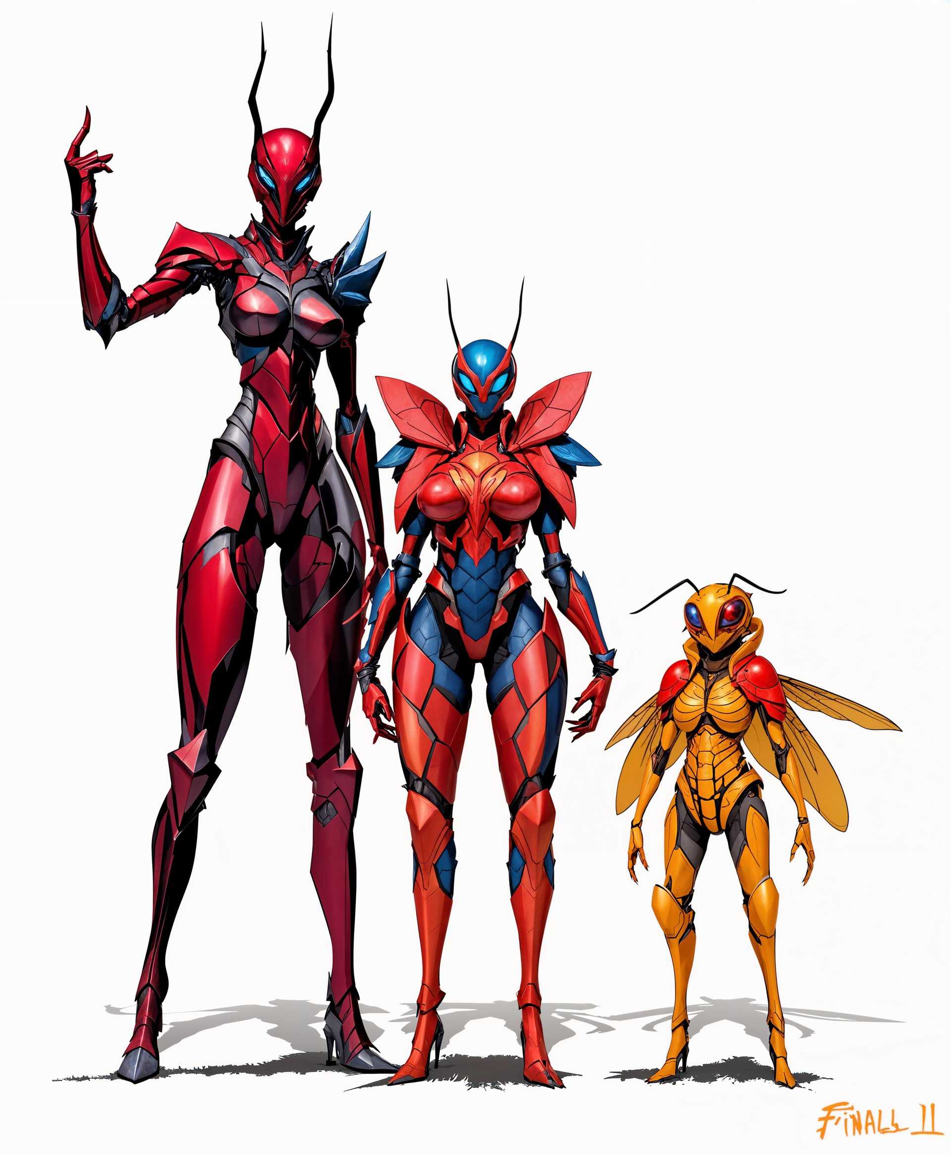 masterpiece, best quality, highres, sharp image, more detail, masterpiece, best quality, highres, sharp image, more detail, Generate a digital artwork of the **Magus Sisters** from Final Fantasy IV, reimagined with an **insectoid armor aesthetic**:

- **Sandy**: Tall and slim, with armor in **deep red**, reminiscent of a **praying mantis**. Her armor should have angular, sharp edges, with a metallic sheen that reflects light like a mantis's exoskeleton. Her pose should convey agility, with one arm raised in a striking position.

- **Cindy**: Chubby and jovial, adorned in **blue and red armor** that mimics the spots of a **ladybug**. The armor should be rounded with a glossy finish, featuring red accents on a blue base, suggesting a playful yet sturdy nature. She stands with a relaxed, friendly demeanor, arms slightly extended.

- **Mindy**: The smallest, with **orange armor** styled after a **wasp**, including segmented armor plates and wings. She hovers slightly above the ground, with her wings in a mid-flight position, casting dynamic shadows beneath her. Her armor should have a matte finish with a hint of iridescence, capturing the essence of a wasp's intimidating presence.

**Artistic Style**: Combine elements of **sci-fi concept art** with **fantasy game character design**, using **high dynamic range imaging (HDRI)** for lighting to enhance the reflective quality of the armor. The scene should evoke a sense of **otherworldliness** through the use of **futuristic, bio-mechanical textures**.

**Composition**: The sisters should be positioned in a **triangular formation**, with Sandy at the apex, slightly to the right, Cindy in the center, slightly lower, and Mindy to the left, hovering. The camera should be at a **low angle** to emphasize their imposing presence, with a **shallow depth of field** to focus on the details of their armor.

**Mood and Atmosphere**: The setting is **twilight**, with the sky painted in soft purples and blues, suggesting the onset of night. The environment is a **mystical forest clearing**, with bioluminescent flora casting a gentle glow on their armor, enhancing the **magical and eerie atmosphere**. The mood should convey a **mix of awe and slight foreboding**.

**Technical Aspects**: Utilize **hyper-realistic textures** for the armor, with **ray tracing** for accurate reflections and refractions. Employ **motion blur** on Mindy to emphasize her hovering movement, and use **soft, volumetric lighting** to give depth to the scene,