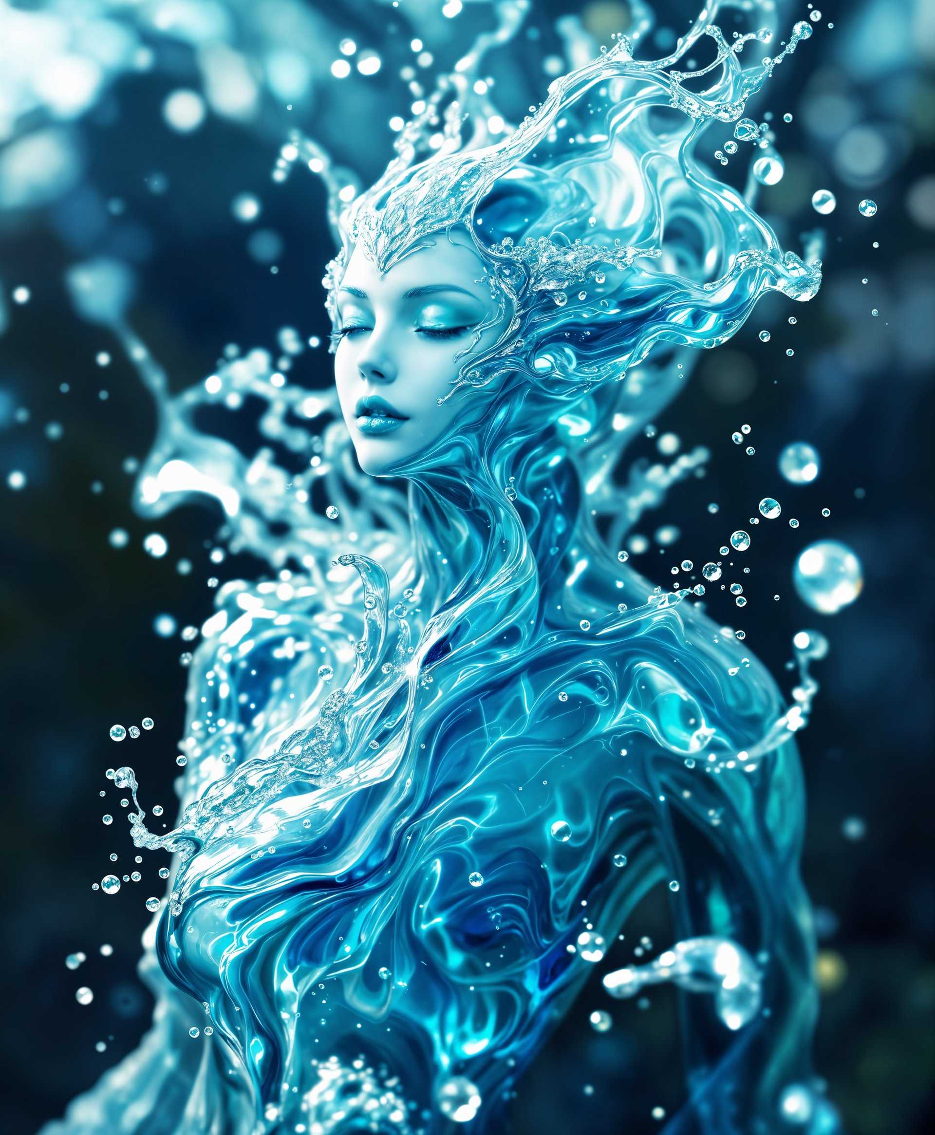 masterpiece, best quality, highres, sharp image, more detail, masterpiece, best quality, highres, sharp image, more detail, **Visual Details:**
- **Subject:** A majestic water elemental spirit from Final Fantasy, embodying the fluidity and grace of water.
- **Appearance:** The spirit has a humanoid form with flowing, translucent water making up its body, shimmering with iridescent blue and green hues, reflecting light like a moving prism.
- **Texture:** The surface of the spirit is smooth and glassy in some areas, with soft ripples and gentle waves in others, creating a dynamic texture that shifts with its movements.
- **Details:** Delicate, ethereal patterns reminiscent of water currents flow across its form. Tiny bubbles and droplets are suspended in its semi-transparent body, adding to its mystical aura.

**Style:**
- **Artistic Influence:** Inspired by the digital art style of modern fantasy video games, with a touch of impressionism to capture the fluidity and movement of water.
- **Photography Technique:** Use of high dynamic range (HDR) imaging to capture the spirit's luminous glow and the depth of the surrounding environment.

**Composition:**
- **Layout:** The spirit is centrally positioned, occupying roughly 60% of the frame, allowing space for the environment to breathe around it.
- **Camera Angle:** A low angle shot looking up at the spirit, enhancing its majesty and giving the viewer a sense of awe.
- **Framing:** The spirit is framed by a natural archway of crystal formations or ancient, water-worn stones, suggesting a hidden, sacred place.

**Mood and Atmosphere:**
- **Time of Day:** Twilight, with the last rays of sunlight casting long shadows and creating a serene, mystical atmosphere.
- **Weather Conditions:** A light mist in the air, enhancing the ethereal quality of the scene.
- **Ambiance:** The setting is calm, with the sound of gentle water flows in the background, creating a peaceful yet magical ambiance.

**Technical Aspects:**
- **Lighting:** Soft, diffused lighting with a focus on backlighting to highlight the water's transparency and the spirit's luminescence. Use of light flares to add to the magical effect.
- **Depth of Field:** A shallow depth of field, with the spirit in sharp focus and the background slightly blurred, emphasizing its otherworldly presence.
- **Color Palette:** Dominant colors include various shades of blue, turquoise, and light green, with hints of silver and white for highlights, creating a cool, tranquil scene.

**Cohesion:**
- All elements combine to create a vivid, believable scene where the water spirit appears as a guardian or deity within a secluded