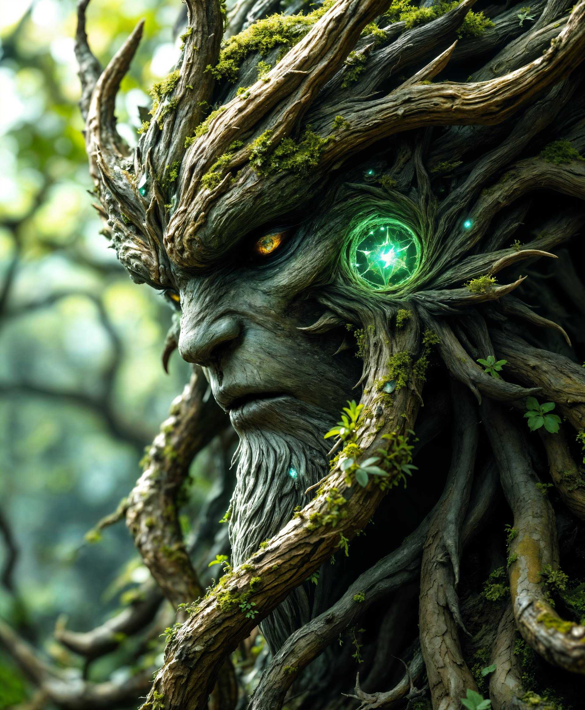 masterpiece, best quality, highres, sharp image, more detail, masterpiece, best quality, highres, sharp image, more detail, **Highly Detailed Portrait of an Earth Elemental Spirit from Final Fantasy:**

- **Subject**: A majestic earth elemental spirit from the "Final Fantasy" series, characterized by its connection to nature and the earth.
  
- **Visual Details**: 
  - **Texture**: The spirit's form is composed of rough, earthy textures like bark, moss, and stone, with subtle glimmers of minerals embedded within. 
  - **Colors**: Predominantly earthy tones - deep greens, browns, and grays with hints of vibrant moss and lichen. 
  - **Lighting**: Soft, natural light filters through a dense canopy, casting dappled shadows that enhance the spirit's earthy features. A subtle glow from within the spirit illuminates its core.

- **Style**: 
  - **Artistic Influence**: Inspired by the fantasy art of Yoshitaka Amano, with a touch of Art Nouveau's organic, flowing lines, and detailed natural elements. 
  - **Photography**: Utilize a macro lens effect to capture the intricate details of the earth elements.

- **Composition**: 
  - **Framing**: Close-up, with the spirit filling most of the frame, emphasizing its intricate details. 
  - **Camera Angle**: Eye-level, to create an intimate connection with the viewer. 
  - **Background**: A dense forest or grove, with out-of-focus elements to blur into the spirit, suggesting a seamless integration with nature.

- **Mood and Atmosphere**: 
  - **Ambiance**: Peaceful, serene, and slightly mystical. The spirit exudes a calm, ancient wisdom. 
  - **Time of Day**: Golden hour, with a warm, soft light filtering through the trees, casting long, gentle shadows.

- **Technical Aspects**: 
  - **Focus**: Depth of field set to highlight the spirit while keeping the background slightly blurred, emphasizing the subject. 
  - **Exposure**: Balanced to capture both the dark, earthy tones and the subtle luminescence within the spirit.

- **Cohesion**: The earth elemental spirit, with its organic textures and natural colors, blends harmoniously with the forest backdrop, creating a scene that feels both fantastical and grounded in nature, evoking the essence of the "Final Fantasy" series.