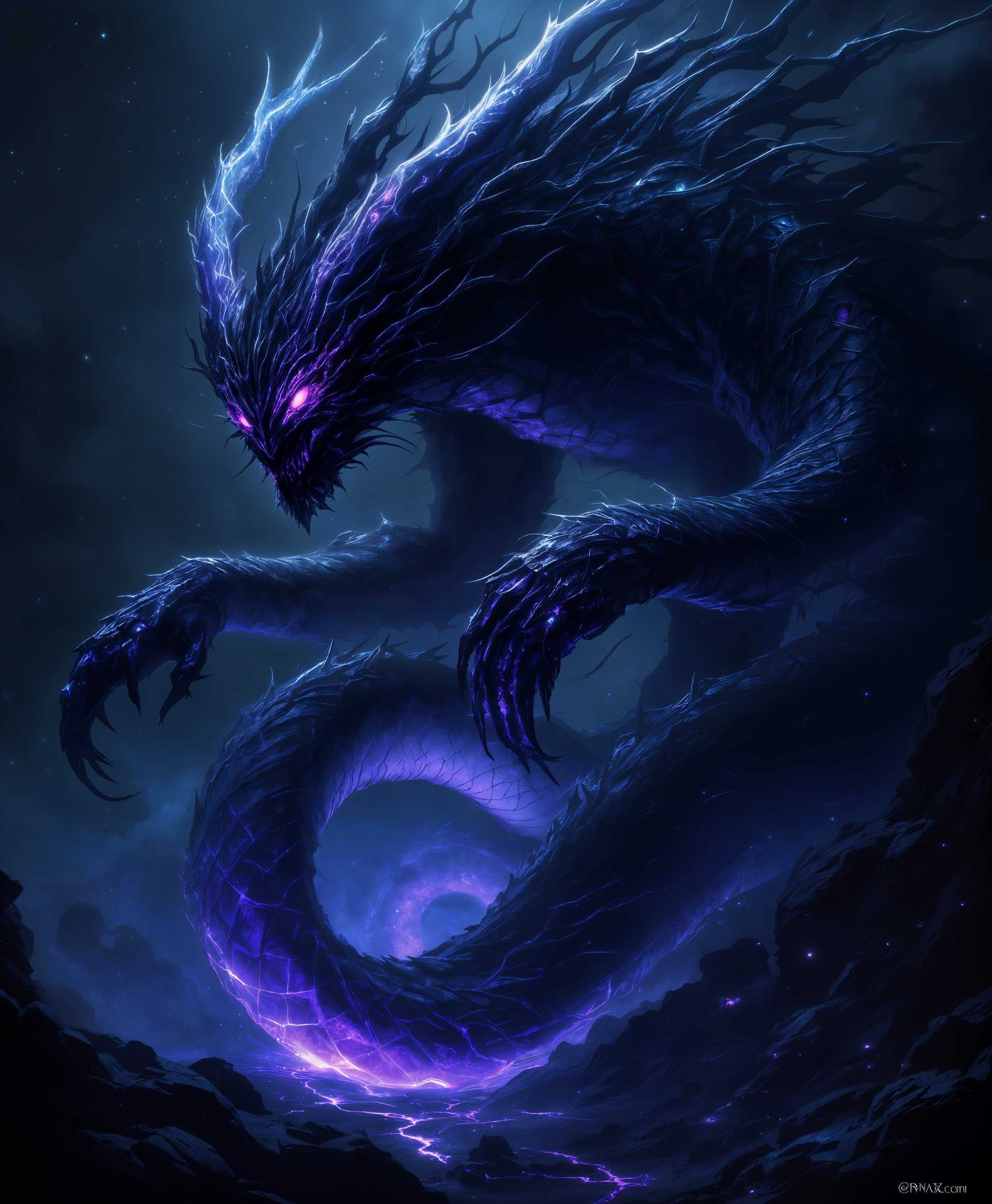 masterpiece, best quality, highres, sharp image, more detail, masterpiece, best quality, highres, sharp image, more detail, A highly detailed digital painting of Zodiark, the primal from the "Final Fantasy" series, **immersed in a dark, mystical atmosphere**. 

- **Subject**: Zodiark is depicted as a colossal, ethereal being with **intricate, serpentine forms** and **sinewy, muscular structures**. His presence exudes raw power and an otherworldly essence, his eyes glowing with an eerie, **deep purple light**.
  
- **Environment**: The scene is set within a **vast, shadowy void**, with **faint, dark energy** swirling around him. The background subtly hints at a **cosmic expanse**, with distant, **dim stars** and **nebulous clouds** barely visible through the gloom.

- **Lighting**: The primary light source is the **ominous glow** emanating from Zodiark himself, casting **deep shadows** and highlighting his **scale-like skin** with **iridescent hues** of black and purple.

- **Mood and Atmosphere**: The atmosphere is **tense and foreboding**, with an underlying sense of **eternal darkness** and **unyielding power**. The air seems thick with **ancient magic** and **divine authority**.

- **Style**: Inspired by **concept art** and **digital fantasy illustrations**, with influences from **Gothic art** and **dark fantasy aesthetics**. The image should convey a sense of **epic scale** and **mythical grandeur**.

- **Composition**: Zodiark is **centrally positioned**, dominating the frame with his **immense size**. The camera angle is **slightly below eye level**, looking up to emphasize his **commanding presence**. The composition uses **negative space** to enhance the feeling of isolation and otherworldliness.

- **Technical Aspects**: Employ **dynamic lighting** to create **high contrast** between light and shadow. Use **subtle particle effects** to depict the **dark energy** surrounding him, and **lens flares** to add to the mystical aura. The image should be **hyper-detailed** with **textures** that convey the **ancient, primal nature** of Zodiark.