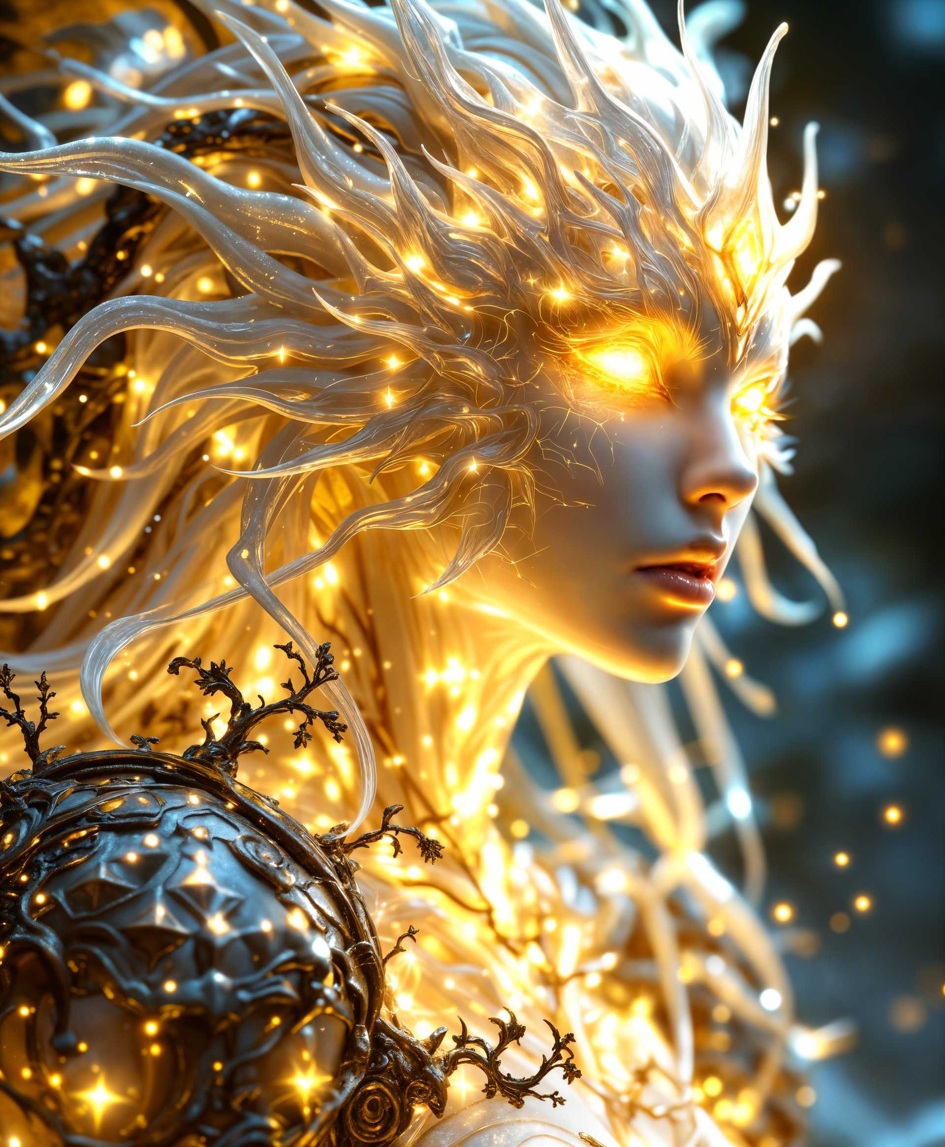 masterpiece, best quality, highres, sharp image, more detail, masterpiece, best quality, highres, sharp image, more detail, A hyper-realistic, highly detailed portrait of **Ultima**, the primal from the "Final Fantasy" series, embodying the essence of **Light**. The image should:

- **Style**: Capture the essence of a **Fantasy Art** piece, reminiscent of Yoshitaka Amano's ethereal, yet detailed style, but with a modern, high-fidelity approach.
- **Visual Details**: 
  - Ultima's form should be composed of **pure light**, with glowing, translucent elements that suggest an otherworldly presence. 
  - The textures should include intricate patterns of light energy, with soft, radiant edges.
  - Colors should be predominantly **gold, white, and soft blues**, with occasional hues of vibrant yellows to signify the intensity of the light.
- **Lighting**: 
  - The light should emanate from Ultima itself, casting a soft glow that illuminates the entire scene, creating a high contrast between light and shadow.
  - Use of **chiaroscuro** to enhance the depth and drama of the portrait.
- **Composition**: 
  - Ultima should be the central focus, with the composition arranged in a **classical triangular layout** to emphasize her divine presence.
  - The background should be a **blurred, abstract representation of a celestial realm**, with hints of stars or cosmic phenomena.
- **Mood and Atmosphere**: 
  - The atmosphere should evoke a sense of **awe, purity, and transcendence**, as if the viewer is witnessing a divine entity.
  - The time of day should be **eternal**, suggesting that this moment exists outside of normal time.
- **Technical Aspects**: 
  - Utilize **HDRI** techniques to ensure the light appears realistic yet magical.
  - Employ **digital painting** techniques to add depth and texture to the light energy surrounding Ultima.
  - Consider the use of **soft focus** in areas to create an ethereal, dreamlike quality. 

This portrait aims to encapsulate Ultima's divine power and the majesty of light in a way that feels both fantastical and deeply rooted in the lore of "Final Fantasy".