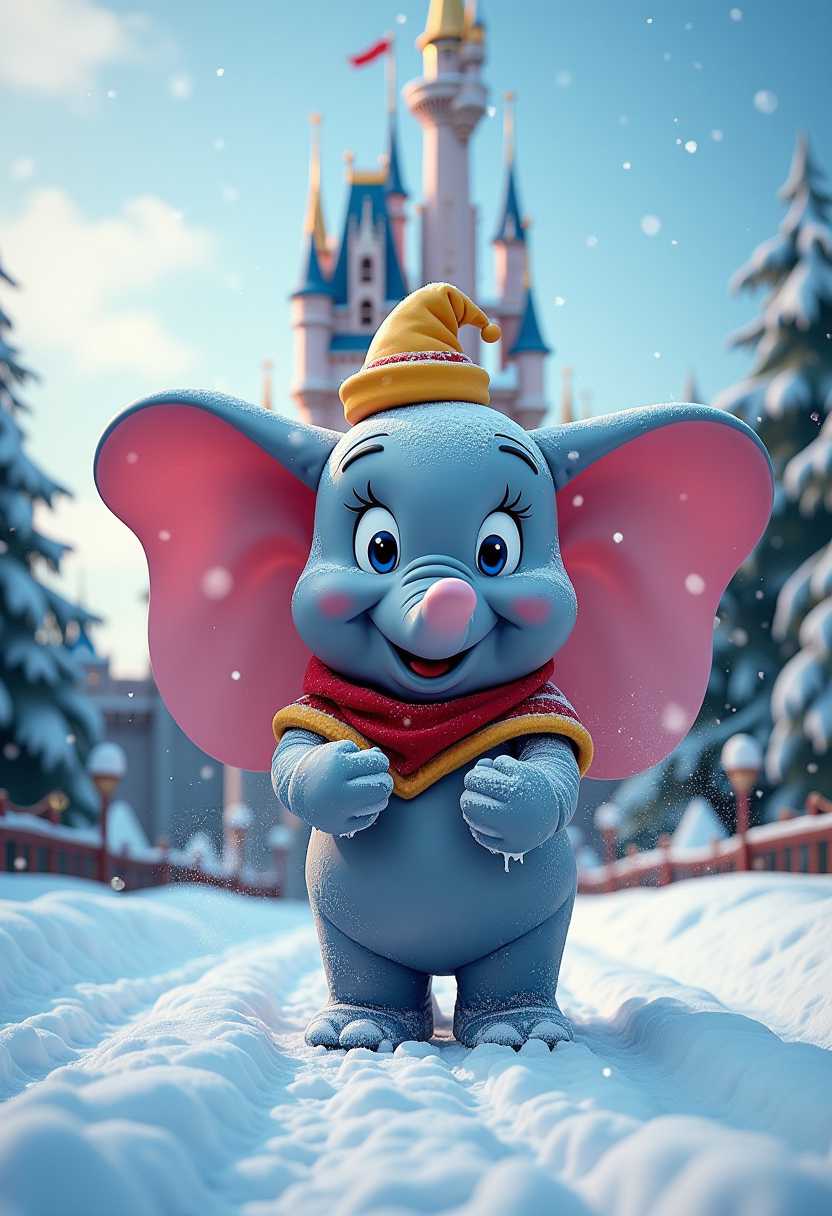 Dumbo trowing snow in the air, snow forms the text: "MERRY CHRISTMAS". Disney castle on the background, 3D depth