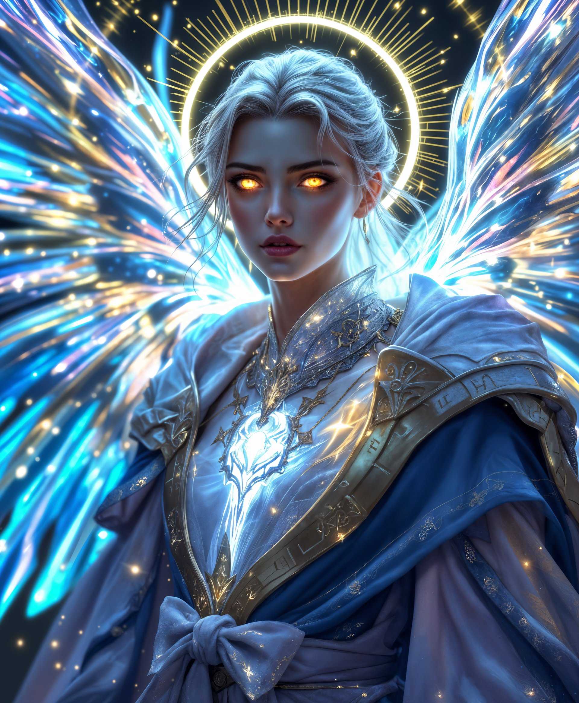 masterpiece, best quality, highres, sharp image, more detail, masterpiece, best quality, highres, sharp image, more detail, **Subject:** A highly detailed portrait of the primal Exodus from the "Final Fantasy" game series.

**Visual Details:**
- **Character Design:** Emphasize the ethereal and divine features of Exodus, with translucent wings made of shimmering, iridescent energy. The eyes should glow with a soft, otherworldly light, and the facial features should convey a serene yet powerful presence.
- **Textures:** Incorporate smooth, flowing fabrics that appear to be woven from light itself, with intricate, glowing runes along the edges of the clothing.
- **Colors:** Use a palette dominated by deep blues, purples, and silver, with accents of gold to highlight the divinity and mystical nature of Exodus.
- **Lighting:** Soft, ambient lighting that seems to emanate from Exodus, casting a gentle glow around the figure, creating a halo effect.

**Style:** 
- **Artistic Influence:** Inspired by the Pre-Raphaelite movement, focusing on detailed, almost hyper-realistic depictions with a touch of fantasy. The style should evoke a sense of timelessness and mythological grandeur.

**Composition:**
- **Subject Positioning:** Center the figure of Exodus, looking slightly to the side with an expression of calm omniscience. 
- **Camera Angle:** Use a low angle shot to emphasize the power and majesty of the character, making the viewer feel as though they are looking up to this divine being.
- **Framing:** Frame the portrait with elements of the background environment subtly suggesting an ethereal landscape or celestial bodies, creating depth and context without overwhelming the main subject.

**Mood and Atmosphere:**
- **Feeling:** Convey a sense of awe, reverence, and tranquility. The atmosphere should feel like a moment of divine revelation.
- **Time of Day:** Twilight, where the natural light blends with the glow of Exodus, enhancing the mystical aura.
- **Weather:** A clear sky, with hints of starlight or the soft glow of the moon, reinforcing the otherworldly presence of the primal.

**Technical Aspects:**
- **Depth of Field:** A shallow depth of field to focus sharply on Exodus, with the background slightly blurred to highlight the subject's prominence.
- **Focus:** Sharp focus on the eyes to capture the depth and emotion, with a slight blur towards the edges to enhance the dreamlike quality.
- **Lighting Techniques:** Employ chiaroscuro to add depth and drama, with light and shadow playing across the face and wings to accentuate the divine features.

**Cohesion:** All elements should work together to portray Exodus as a figure