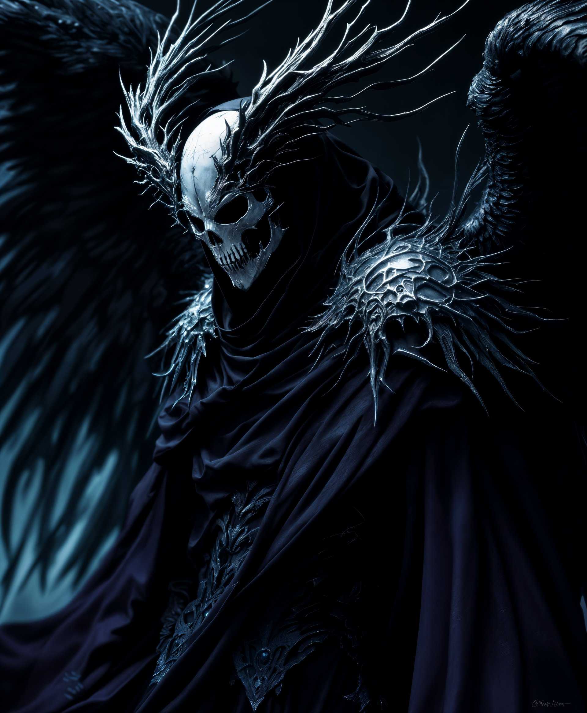 masterpiece, best quality, highres, sharp image, more detail, masterpiece, best quality, highres, sharp image, more detail, Create an ultra-high-resolution portrait of Zalera, the Angel of Death from the "Final Fantasy" series. Capture his ethereal essence with a focus on:

**Visual Details:**
- **Subject**: Zalera, depicted with his signature skeletal mask, flowing robes, and intricate, dark wings that blend into the shadows.
- **Textures**: Emphasize the contrast between the smooth, almost translucent fabric of his robes and the rough, bony texture of his mask and wings.
- **Colors**: Utilize a palette dominated by dark purples, grays, and blacks, with subtle hints of silver to highlight the edges of his wings and mask.
- **Lighting**: Employ chiaroscuro lighting to enhance the depth, with stark shadows and bright highlights that give a sense of drama and mystery.

**Style:**
- **Artistic Influence**: Draw inspiration from Baroque art, known for its dramatic use of light and shadow, and the intricate detail of Gothic art, especially in the portrayal of death and the macabre.
- **Technique**: Use digital painting techniques to replicate the fine brushwork and detailed rendering typical of high-fantasy illustrations.

**Composition:**
- **Layout**: Position Zalera in a three-quarter view, facing slightly to the left, with his wings extending out of frame to suggest an imposing presence beyond the canvas.
- **Camera Angle**: Opt for a low angle shot to make Zalera appear more imposing and otherworldly, looking down on the viewer.
- **Framing**: Frame the portrait tightly around Zalera's face and upper body, with his wings and robes trailing off into darkness, creating a sense of depth and mystery.

**Mood and Atmosphere:**
- **Feeling**: Evoke a sense of dread, awe, and the sublime, capturing the primal fear associated with death.
- **Time of Day**: Set the scene in the liminal space between night and dawn, where shadows are deep but light begins to creep in, symbolizing the transition between life and death.
- **Weather**: A slight, ethereal mist or fog around Zalera, enhancing his otherworldly appearance.

**Technical Aspects:**
- **Depth of Field**: Use a shallow depth of field to focus on Zalera's face, with the background and wings slightly blurred to emphasize his presence.
- **Shadows and Highlights**: Ensure the shadows are deep and the highlights are sharp, reflecting the dramatic chiaroscuro style.

**Cohesion:**
- Ensure all elements, from the detailed rendering of Zalera's mask to the atmospheric lighting and composition, work together to create