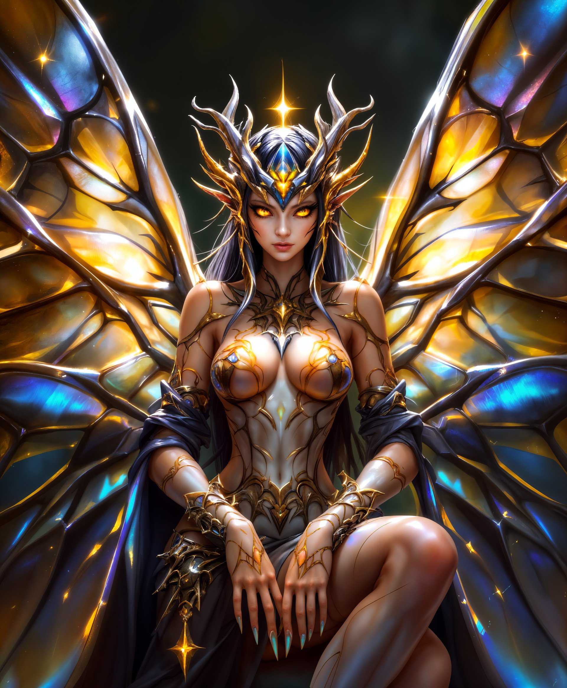 masterpiece, best quality, highres, sharp image, more detail, masterpiece, best quality, highres, sharp image, more detail, **Prompt:** Create an image of Shemhazai, the Primal from the "Final Fantasy" series, in a highly detailed portrait. 

- **Visual Details:** Shemhazai should be depicted with her iconic insect-like features, including large, translucent wings with an iridescent sheen. Her body is covered in delicate, yet menacing, carapace with intricate patterns mimicking natural exoskeletons. Her eyes should be multifaceted, glowing with an ethereal light, reflecting her divine nature.

- **Style:** The artwork should be in the style of a high-fantasy illustration, reminiscent of Yoshitaka Amano's work, with a blend of realism and surrealism. Use a mix of digital painting techniques to achieve depth and texture, capturing the otherworldly essence of Shemhazai.

- **Composition:** Shemhazai should be the central focus, positioned in a three-quarter view, her gaze piercing through the viewer. Her wings should be slightly unfurled, creating a dynamic framing around her face, emphasizing her majestic and fearsome presence. The background should be a dark, nebulous void, suggesting her connection to the cosmos.

- **Mood and Atmosphere:** The atmosphere should be mystical and slightly ominous, with a soft, diffused light source from above casting dramatic shadows and highlighting the contours of her face and wings. The mood should evoke a sense of awe mixed with a subtle undercurrent of danger.

- **Technical Aspects:** Utilize techniques like chiaroscuro for the lighting, with subtle gradients and airbrushing to give her skin and wings a lifelike quality. Employ detailed rendering for her carapace and wings, ensuring the texture and translucency are captured accurately. Use a high-resolution canvas to allow for the intricate details to shine through.

- **Cohesion:** Ensure that all elements, from the ethereal lighting to the detailed rendering of her form, work together to create a believable yet fantastical portrait of Shemhazai, embodying her divine and primal nature within the "Final Fantasy" universe.