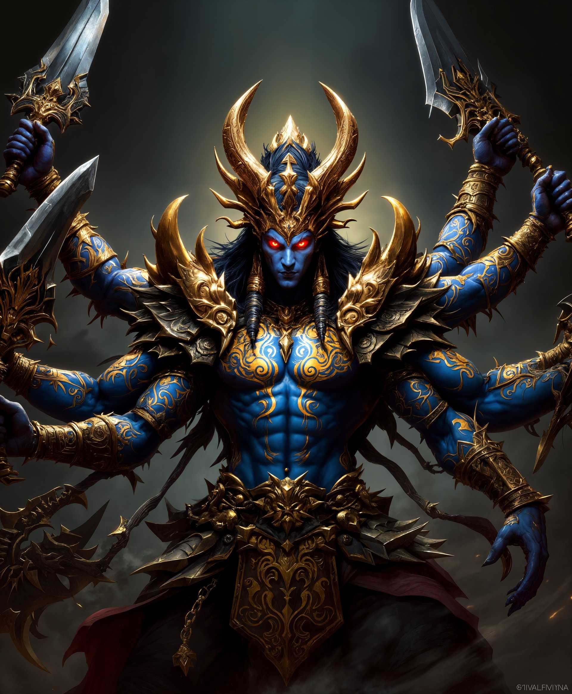 masterpiece, best quality, highres, sharp image, more detail, masterpiece, best quality, highres, sharp image, more detail, Create a highly detailed, digital painting of Ravana, the primal from the game series "Final Fantasy". Emphasize:

**Visual Details:**
- **Subject:** Ravana, depicted with his iconic six arms, each holding a different weapon, showcasing his prowess in battle. His skin should have a deep, vibrant blue hue, with intricate, gold-etched tattoos swirling across his muscular body.
- **Armor:** Adorned in ancient, ornate armor with sharp, menacing spikes, reflecting a mix of insectoid and warrior aesthetics. The armor should appear battle-worn yet regal.
- **Eyes:** Intense, glowing red eyes that convey both wisdom and ferocity, set beneath a prominent, horned forehead.
- **Lighting:** Use dramatic, directional lighting to highlight the texture of his skin, the shine on his armor, and the gleam of his weapons.

**Style:**
- **Artistic Style:** Hyper-realistic digital painting, capturing the essence of Ravana with an emphasis on detailed textures and dynamic movement.
- **Technique:** Incorporate elements of Baroque art for the dramatic lighting and exaggerated poses, mixed with modern digital painting techniques for crisp detail.

**Composition:**
- **Framing:** A tight, close-up shot focusing on Ravana's face and torso, with his arms extended outwards to showcase his weapons, creating a sense of power and imminent action.
- **Camera Angle:** Slightly low angle to make Ravana appear imposing and dominant.

**Mood and Atmosphere:**
- **Mood:** Convey a sense of awe, danger, and divinity. Ravana should look ready to leap into battle, yet there's an underlying calm that suggests his god-like status.
- **Atmosphere:** The background should be minimalistic, perhaps with hints of a storm brewing or a battlefield in the distance, emphasizing his isolation and power.

**Technical Aspects:**
- **Depth of Field:** Use a shallow depth of field to blur the background, focusing attention on Ravana.
- **Color Palette:** Predominantly cool tones with splashes of warm, vibrant colors from his weapons and eyes to draw the eye and create visual interest.

**Cohesion:**
- Ensure that all elements, from Ravana's pose to the background, contribute to the portrayal of him as a fearsome yet majestic deity, embodying both the chaos of battle and the calm of divine power.