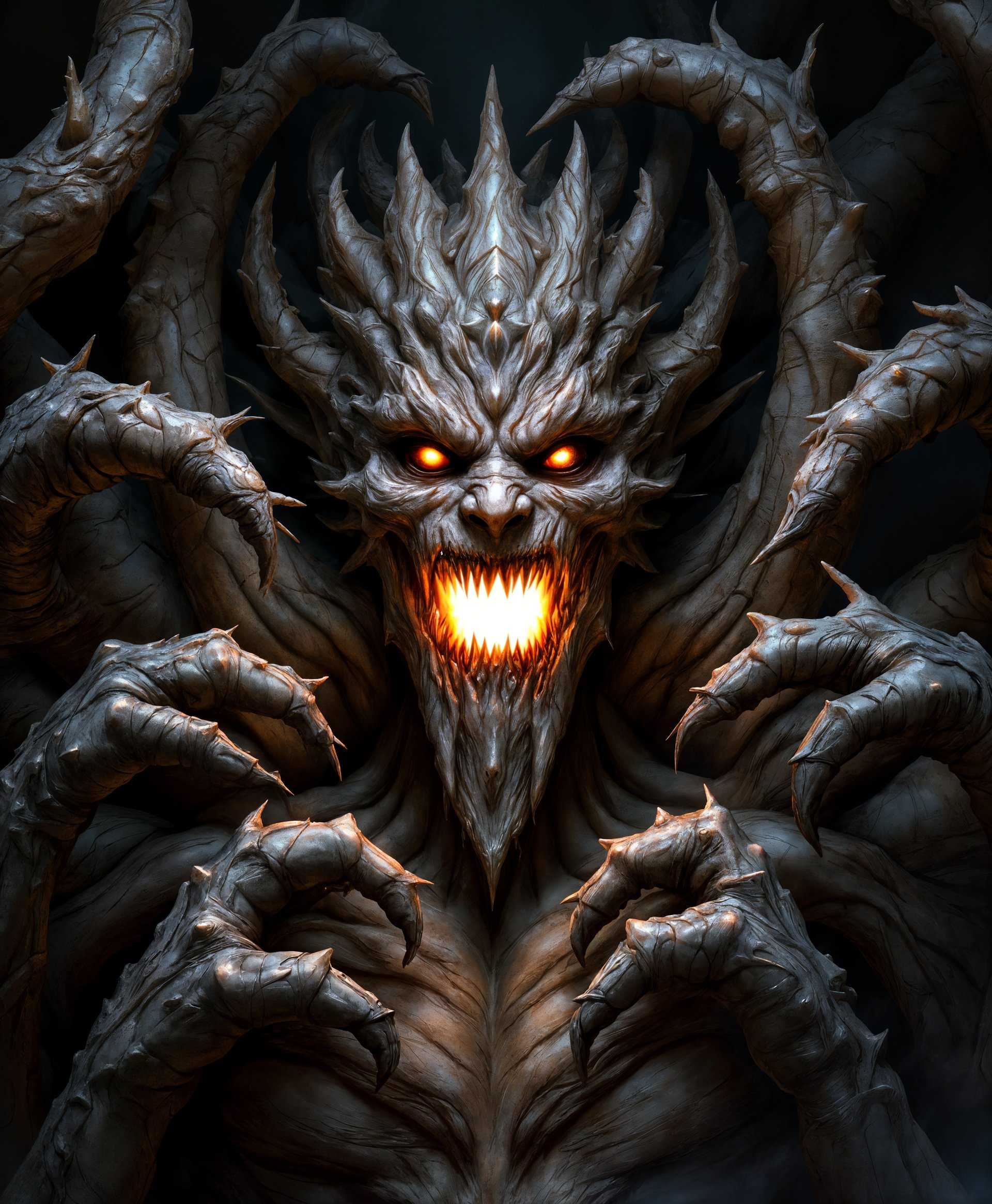 masterpiece, best quality, highres, sharp image, more detail, masterpiece, best quality, highres, sharp image, more detail, **Image Prompt:** A highly detailed portrait of Hecatoncheir from the "Final Fantasy" series, showcasing his colossal form with intricate details on every limb and face. His skin should appear rough and textured, resembling ancient, weathered stone or bark, with an ethereal glow emanating from his eyes and mouth, casting a soft, otherworldly light on his features. The style should evoke the detailed and dynamic artwork of Yoshitaka Amano, with elements of surrealism to capture Hecatoncheir's otherworldly nature. 

**Visual Details:** Emphasize the multiplicity of his limbs, each with its own unique texture, color variation, and slight imperfections. Use a palette of muted earth tones with hints of otherworldly colors like deep purples and blues to signify his magical essence. The lighting should be dramatic, with high contrast to highlight the depth of his form, using chiaroscuro techniques to enhance his imposing presence.

**Composition:** Position Hecatoncheir in a way that conveys his overwhelming size and power; a low camera angle looking up at him to make him seem towering. His faces should be arranged in a semi-circle, looking in different directions, creating a sense of vigilance and chaos. 

**Mood and Atmosphere:** The atmosphere should be one of ancient power and mystery, with a slight mist or fog around him, suggesting he emerges from the depths of time or another dimension. The time of day should feel like twilight, with the light source coming from Hecatoncheir himself, casting long shadows.

**Technical Aspects:** Utilize depth of field to blur the background slightly, keeping focus on Hecatoncheir. Use a wide-angle lens effect to exaggerate his size and the space around him. Employ motion blur subtly on some of his limbs to give a sense of movement, yet keep the overall image sharp to capture the intricate details.

**Cohesion:** All elements should work together to create a scene that feels both ancient and mythical, capturing the essence of Hecatoncheir as a primal force from the "Final Fantasy" universe, with a blend of fantasy, surrealism, and epic storytelling.