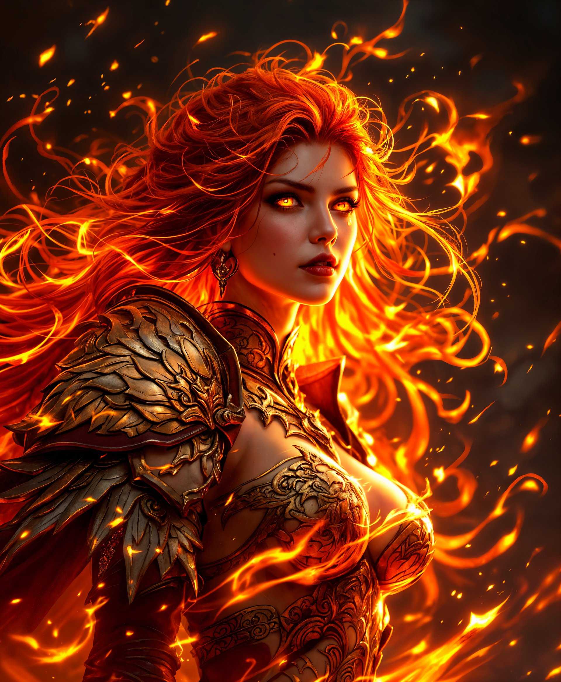 masterpiece, best quality, highres, sharp image, more detail, masterpiece, best quality, highres, sharp image, more detail, **Prompt:** A highly detailed portrait of Brynhildr, the primal from Final Fantasy, exuding the elemental power of fire:

- **Character Details:** Brynhildr is depicted with a fierce, regal demeanor. Her hair is a cascade of flames, flowing wildly around her, with hues of deep red, orange, and gold. Her eyes glow with an inner fire, reflecting her fiery essence. She wears ornate armor adorned with intricate, fire-themed motifs, like phoenix feathers and dragon scales, all rendered with photorealistic textures.

- **Lighting and Color:** The scene is illuminated by an intense, almost otherworldly light emanating from Brynhildr herself, casting dramatic shadows and highlighting the textures of her armor and the fiery strands of her hair. The background is dark, allowing her to stand out, with occasional flickers of fire reflecting off the surroundings.

- **Artistic Style:** The image is in the style of a high fantasy illustration, with a focus on epic fantasy art. It combines elements of classical oil painting with modern digital techniques to create depth, texture, and an almost tangible sense of heat.

- **Composition:** Brynhildr is the focal point, positioned in a three-quarter view, with her head turned slightly to the side, looking directly at the viewer with an intense gaze. The composition uses the rule of thirds, placing her on the left third, with her fiery hair and the flames extending into the right side, creating a dynamic balance.

- **Mood and Atmosphere:** The atmosphere is charged with power and danger, reminiscent of a battlefield where magic and fire are in play. The time of day is ambiguous, but the intense light from Brynhildr suggests a moment of action or confrontation, with the air thick with the anticipation of battle.

- **Technical Aspects:** The image should have a shallow depth of field, focusing sharply on Brynhildr's face and armor, with the flames and background slightly blurred to emphasize her power. Use of chiaroscuro to enhance the dramatic lighting effects, with high contrast between the bright flames and the dark surroundings. 

- **Cohesion:** The fiery theme is cohesive throughout, with the fire not only as an element of her power but also reflected in her attire, the lighting, and the mood of the scene, creating a unified vision of a powerful, fire-wielding primal.