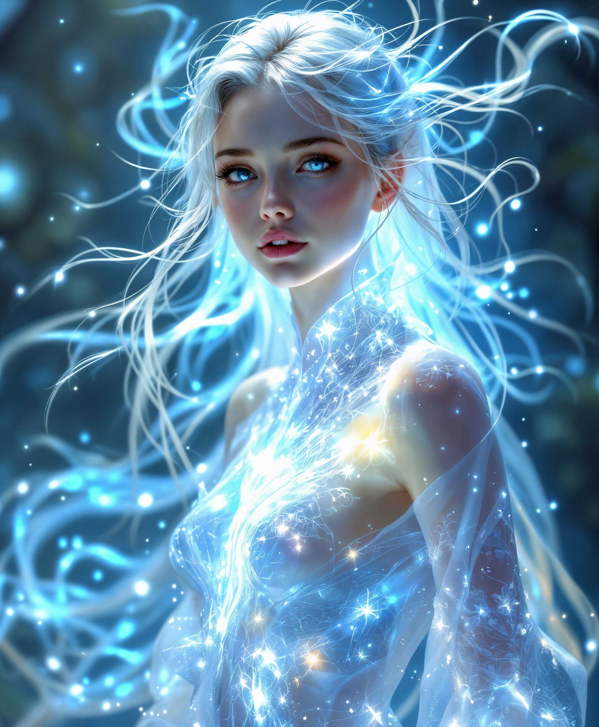 masterpiece, best quality, highres, sharp image, more detail, masterpiece, best quality, highres, sharp image, more detail, A highly detailed, ethereal portrait of the **Light Element Spirit** from the "Final Fantasy" series. The spirit is captured in a **studio setting** with soft, diffused lighting that highlights its translucent, glowing form. 

- **Visual Details**: The spirit has an intricate design with luminescent, flowing robes that seem to be made of light itself. Its body is semi-transparent, with visible energy flows and intricate patterns that mimic the sun's rays. The eyes are piercing, radiating a serene, blue light, and the hair floats weightlessly, as if underwater, with each strand emitting a gentle glow.

- **Style**: The portrait should reflect **Neo-Romanticism**, capturing a sense of fantasy and idealism, with a touch of **Impressionistic** techniques to emphasize the play of light and shadow.

- **Composition**: The spirit is centered in the frame, looking directly at the viewer, with its form slightly tilted to convey a sense of movement and grace. The background is a soft, out-of-focus array of light and shadow, enhancing the spirit's prominence.

- **Mood and Atmosphere**: The ambiance is one of **tranquility and purity**, with the light spirit exuding an aura of calmness and sanctity. The time of day is ambiguous, suggesting an eternal moment outside of time.

- **Technical Aspects**: Use **soft focus** on the edges to blend the spirit with its environment, creating a dreamlike effect. Employ **high dynamic range** (HDR) to capture the full spectrum of light and detail, especially in the spirit's glowing form.

- **Cohesion**: The entire scene should coalesce into a harmonious visual narrative, where the spirit's luminous presence is both the focal point and the source of the light that defines the environment around it.