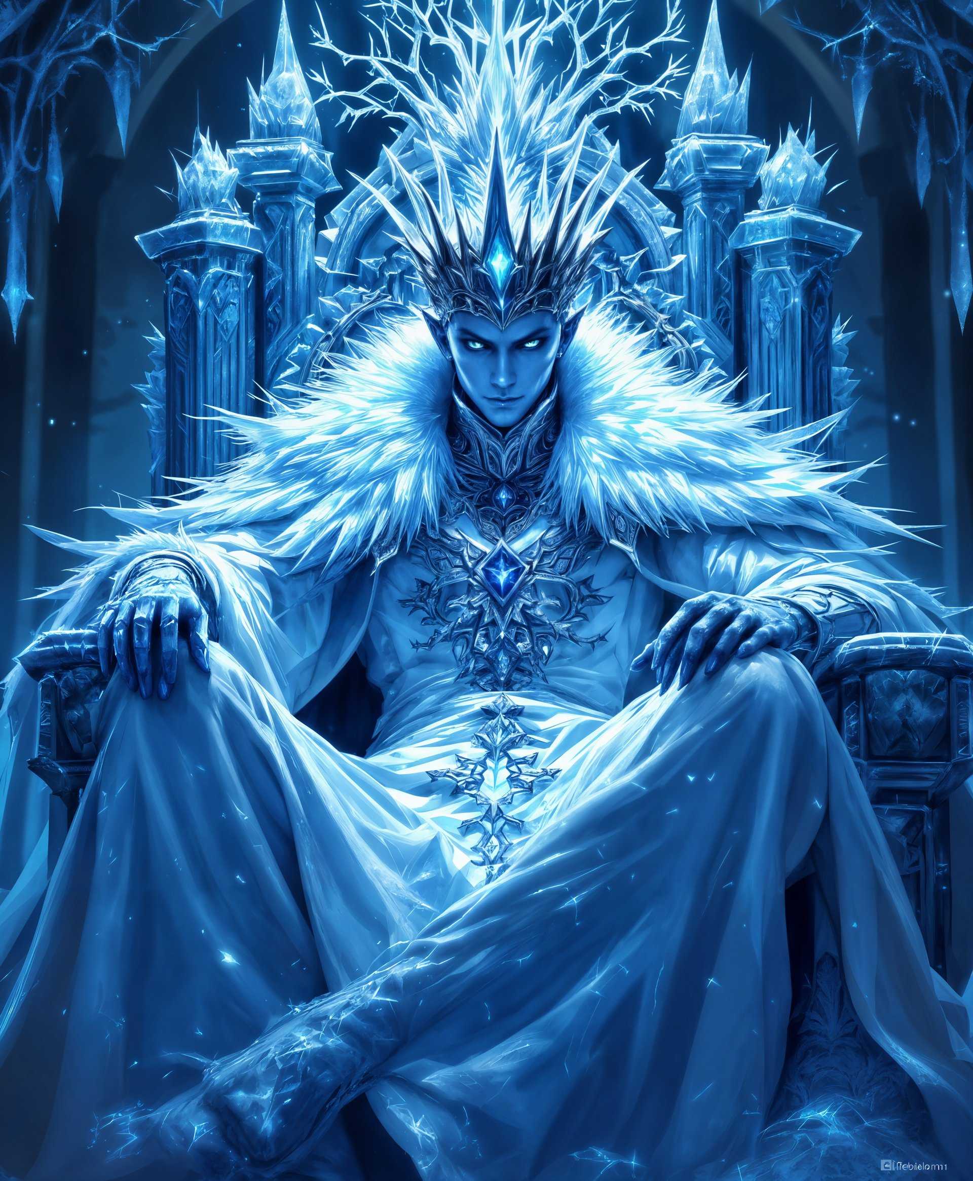 masterpiece, best quality, highres, sharp image, more detail, masterpiece, best quality, highres, sharp image, more detail, A highly detailed digital painting of Mateus, the Ice Emperor from the Final Fantasy series, showcasing his regal and icy demeanor. **Visual Details**: His skin should appear almost translucent with a hint of blue, reflecting his affinity with ice. His eyes glow with a cold, piercing blue light. His attire is a mix of ornate, frost-covered robes with intricate ice crystal patterns, and a crown that mimics the formation of icicles. **Style**: Rendered in a style reminiscent of Yoshitaka Amano's ethereal and detailed fantasy art, with a focus on exaggerated, otherworldly features. **Composition**: Mateus is centered in the frame, seated upon a throne of ice, with his posture exuding both power and serenity. The camera angle should be low, looking up at him, emphasizing his dominance. **Mood and Atmosphere**: The scene is set in a frozen palace, with a dimly lit, cold ambiance. The light source should be soft and diffused, coming from behind Mateus, casting long, sharp shadows that enhance the feeling of coldness and stillness. **Technical Aspects**: Utilize techniques like rim lighting to highlight the ice crystals on his attire, creating a subtle glow effect. The depth of field should be shallow, focusing on Mateus, with the background slightly blurred to give a sense of distance and isolation. **Cohesion**: The entire scene should evoke a sense of an ancient, mythical ruler of ice, where every element, from the attire to the environment, reflects his icy domain and his role as a powerful primal.