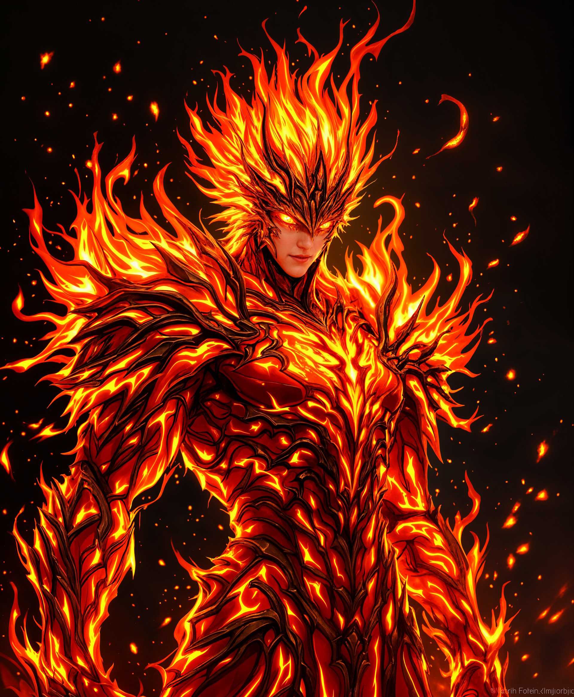 masterpiece, best quality, highres, sharp image, more detail, masterpiece, best quality, highres, sharp image, more detail, Create a highly detailed portrait of Belias, the Fire-Elemental Esper from the "Final Fantasy" series:

- **Subject**: Belias, the primal with the power of Fire, depicted with an imposing, regal posture, showcasing his fiery aura.
- **Visual Details**: His body, covered in intricate, molten armor that seems to flow like liquid flame, with embers and sparks emanating from the edges. His eyes should burn with an intense, fiery light, reflecting his elemental nature.
- **Color Palette**: Predominantly reds, oranges, yellows, with accents of black and gold to highlight the contrast between the heat of the flames and the solidity of his form.
- **Lighting**: Illuminated by an internal fire, casting dramatic shadows and highlighting the textures of his armor. The background should be dark to make the flames stand out more vividly.
- **Artistic Style**: Inspired by the detailed fantasy artwork of Yoshitaka Amano, with a touch of modern digital painting techniques to enhance the realism of the flames and textures.
- **Composition**: Belias should be the focal point, centered in the frame, with a low camera angle to emphasize his power. His wings or flame tendrils should extend beyond the frame, suggesting his immense size and power.
- **Mood and Atmosphere**: Convey an aura of ancient, primal power, with an atmosphere of intense heat and an ominous, yet majestic presence. The setting should suggest a fiery realm or a volcanic backdrop.
- **Technical Aspects**: Use techniques like chiaroscuro for dramatic lighting, depth of field to blur the background, and particle effects to simulate the dynamic nature of fire.

This portrait should capture Belias in his full, fiery majesty, embodying the essence of fire as a primal force.
