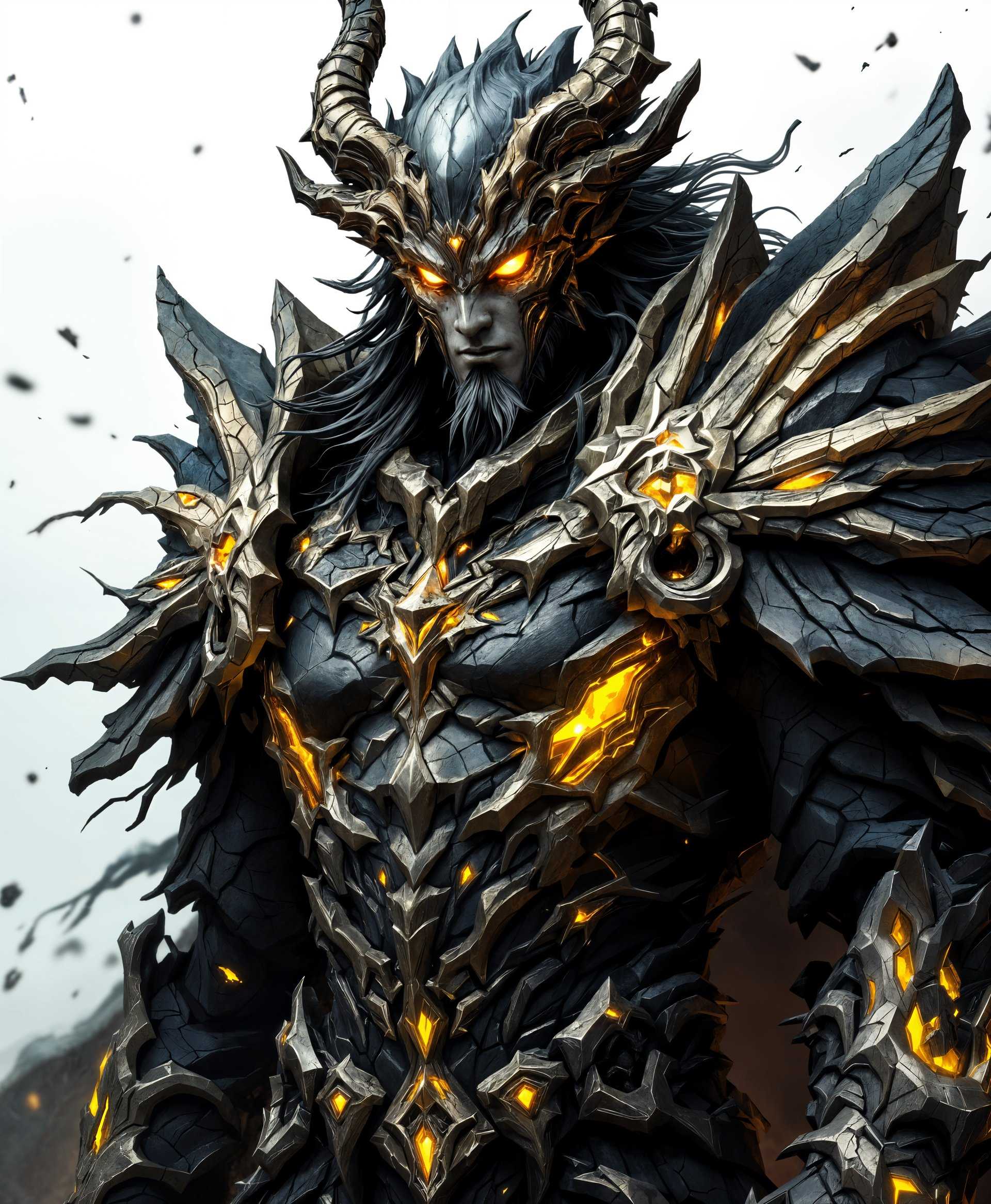 masterpiece, best quality, highres, sharp image, more detail, masterpiece, best quality, highres, sharp image, more detail, ```plaintext
Create a highly detailed portrait of Hashmal, the primal from the "Final Fantasy" series, imbued with the power of earth:

- **Subject**: Hashmal, an imposing, regal figure with an aura of ancient power. His body is adorned with intricate armor reminiscent of stone and earth, with cracks that glow with an inner light, symbolizing his connection to the earth element.

- **Details**: 
  - **Armor**: The armor should appear as if carved from stone, with detailed textures showing the weight and solidity of earth. Incorporate elements like jagged edges, rough surfaces, and embedded minerals for a natural, organic look.
  - **Face**: His face should convey a stern, commanding presence, with eyes glowing with the power of the earth. The skin texture should mimic the ruggedness of rock, with slight imperfections like cracks or weathering.

- **Style**: Employ a mix of realistic and stylized elements, reminiscent of concept art for video games. Use a blend of high fantasy with a touch of Japanese art influence, focusing on dramatic contrasts and detailed rendering.

- **Lighting**: Utilize dramatic chiaroscuro lighting to enhance the depth and texture of the earth elements, with shadows that suggest the crevices and contours of Hashmal's armor and face.

- **Composition**: Position Hashmal in a frontal, slightly angled view to emphasize his imposing stature. The background should subtly hint at an ancient, earthy landscape, perhaps with the silhouette of mountains or the hint of underground caverns.

- **Mood and Atmosphere**: The image should exude a sense of timelessness, power, and mystery, with an atmosphere that feels both majestic and slightly foreboding, as if Hashmal is an entity from another era.

- **Technical Aspects**: Use techniques like depth of field to focus on Hashmal, with the background slightly blurred to emphasize his presence. Employing a high resolution to capture fine details, ensuring the textures and lighting are rendered with photorealistic quality.

- **Cohesion**: The elements should blend seamlessly, creating a unified image where the subject's earth power is not only visually represented but also felt through the overall composition and atmosphere.
```