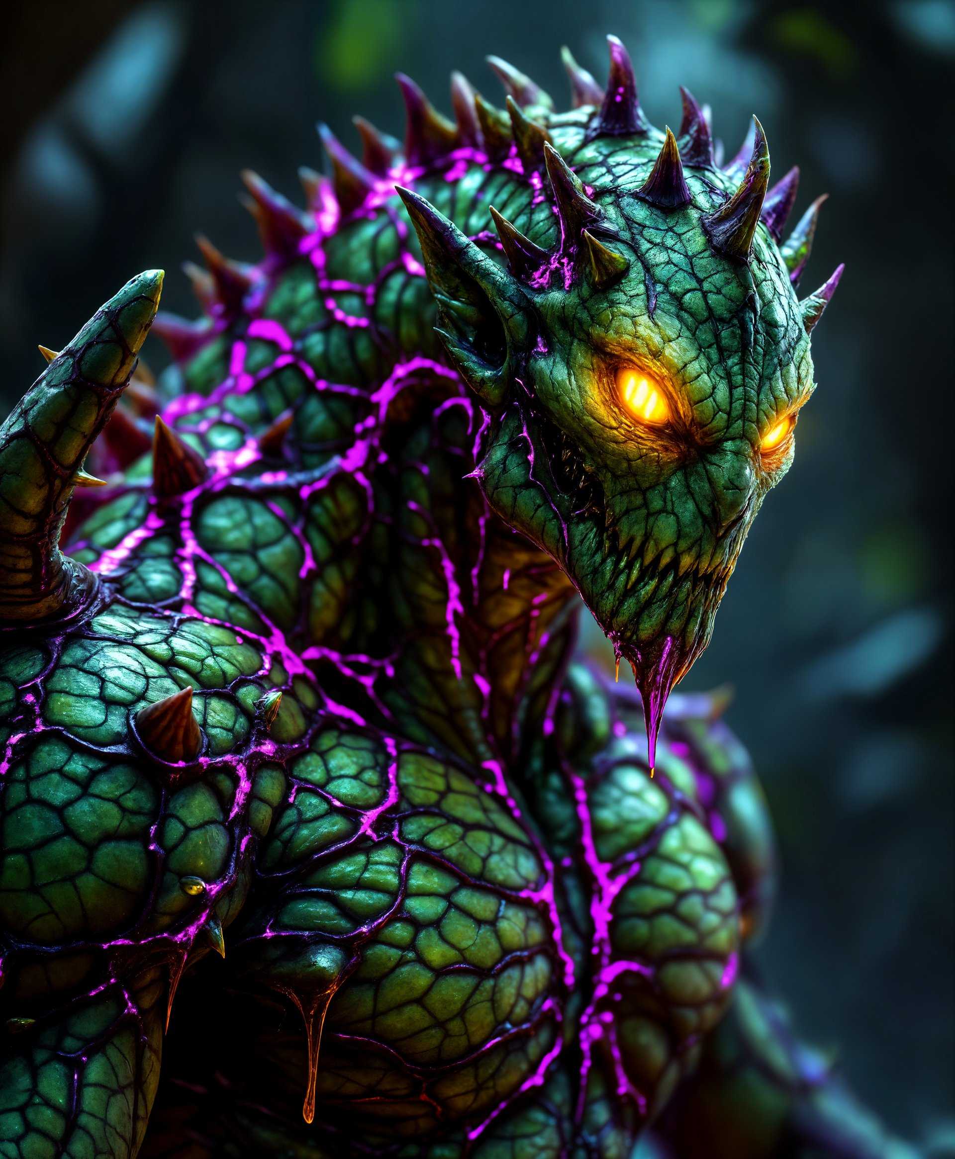 masterpiece, best quality, highres, sharp image, more detail, masterpiece, best quality, highres, sharp image, more detail, **Highly Detailed Fantasy Portrait:**

- **Subject**: Cúchulainn, the primal from "Final Fantasy," embodying the essence of Poison.
- **Visual Details**: 
  - **Texture**: His skin is rough and scaly, with a sickly greenish hue. The scales are subtly iridescent, reflecting a poisonous sheen.
  - **Colors**: Dominated by shades of toxic green, with veins of deep purple running through his form, creating a mesmerizing yet dangerous pattern.
  - **Lighting**: Soft, eerie bioluminescence emanating from his body, casting an otherworldly glow on his surroundings, highlighting his toxic nature.
  - **Intricate Details**: His eyes are a vivid, glowing yellow with vertical slits, exuding a sense of menace. Small, thorn-like protrusions along his spine and limbs, each dripping with a viscous, poisonous substance.
- **Style**: Rendered in a hyper-realistic digital painting style, reminiscent of Greg Rutkowski's fantasy art, with a focus on atmospheric lighting and texture detail.
- **Composition**: 
  - **Positioning**: Cúchulainn is centered, his imposing form filling the frame, with his gaze piercing directly at the viewer.
  - **Camera Angle**: Low angle to emphasize his power and presence, with a slight Dutch tilt to add a sense of unease.
  - **Framing**: Tight framing around his upper body, with a shallow depth of field to blur the background, focusing attention on his toxic visage.
- **Mood and Atmosphere**: 
  - **Ambiance**: A dark, swampy environment with mist rising, creating an eerie and menacing atmosphere. 
  - **Time of Day**: Dusk, with the last light of day filtering through a thick canopy, enhancing the bioluminescence of Cúchulainn.
- **Technical Aspects**: 
  - **Depth of Field**: Shallow to isolate Cúchulainn from the background, emphasizing his toxic aura.
  - **Lighting Technique**: Rim lighting to highlight his form against the darker environment, with a key light from above to mimic the bioluminescence.
  - **Color Grading**: Adjust colors to enhance the sickly green and purple hues, with a slight desaturation to convey the toxic atmosphere.

**Prompt**: A highly detailed portrait of Cúchulainn, the primal from "Final Fantasy," with the power of Poison. His scaly skin is rough and iridescent, glowing with a poisonous green hue. His eyes are