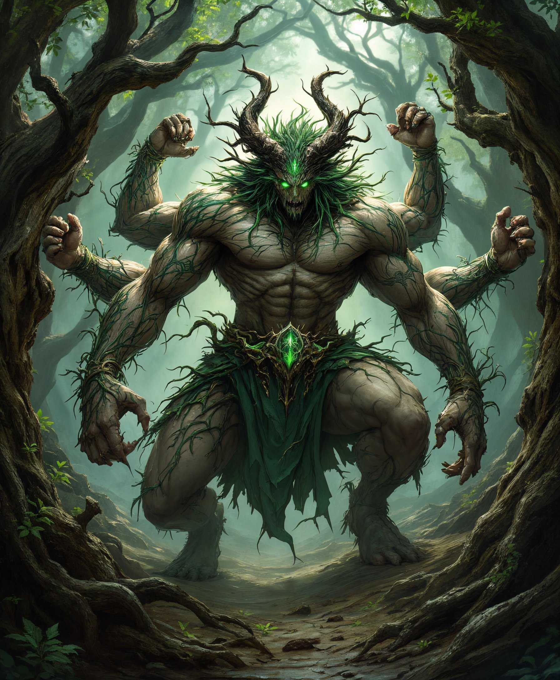 masterpiece, best quality, highres, sharp image, more detail, Create a highly detailed portrait of Sephirot from the "Final Fantasy" series, depicted as a 6-armed beast:

- **Subject**: Sephirot, the primal, with six muscular arms, each wielding a different weapon or element, showcasing his control over nature and destruction.
  
- **Visual Details**: His skin should be textured like ancient, weathered bark, with intricate, vine-like tattoos that glow faintly with an ethereal light. His eyes should be piercing and emerald green, exuding an aura of both wisdom and menace. His hair flows wildly, resembling tendrils of living flora, with leaves and small branches intertwined.

- **Lighting**: Use dramatic lighting to highlight his imposing presence; the light should come from above, casting deep shadows that accentuate the contours of his muscular form and the textures of his skin and tattoos.

- **Background**: Set him in a mystical forest clearing, with ancient, twisted trees around him, their branches reaching towards him as if in reverence or fear. The forest should be dimly lit, with rays of sunlight piercing through the dense foliage, creating a chiaroscuro effect.

- **Mood and Atmosphere**: The atmosphere should be one of awe, power, and slight foreboding, with a sense of ancient magic and the primal forces at play. The time is just before dusk, when the world transitions from light to darkness.

- **Artistic Style**: Employ a style reminiscent of epic fantasy illustrations by artists like Yoshitaka Amano, blending traditional Japanese art with a touch of surrealism. Use a high level of detail to bring out the fantasy elements, making Sephirot appear both otherworldly and grounded in a fantastical reality.

- **Composition**: Center Sephirot, with his arms spread wide, dominating the scene. Use a low camera angle to make him appear towering and omnipotent. The frame should be tight enough to focus on him but include just enough of the surrounding forest to convey the environment.

- **Technical Aspects**: Utilize a shallow depth of field to blur the background slightly, keeping the focus on Sephirot. Employ techniques like cross-hatching for texture and detail, and ensure the color palette leans towards greens, browns, and muted earth tones with splashes of vibrant colors from the glowing tattoos and weapon elements.