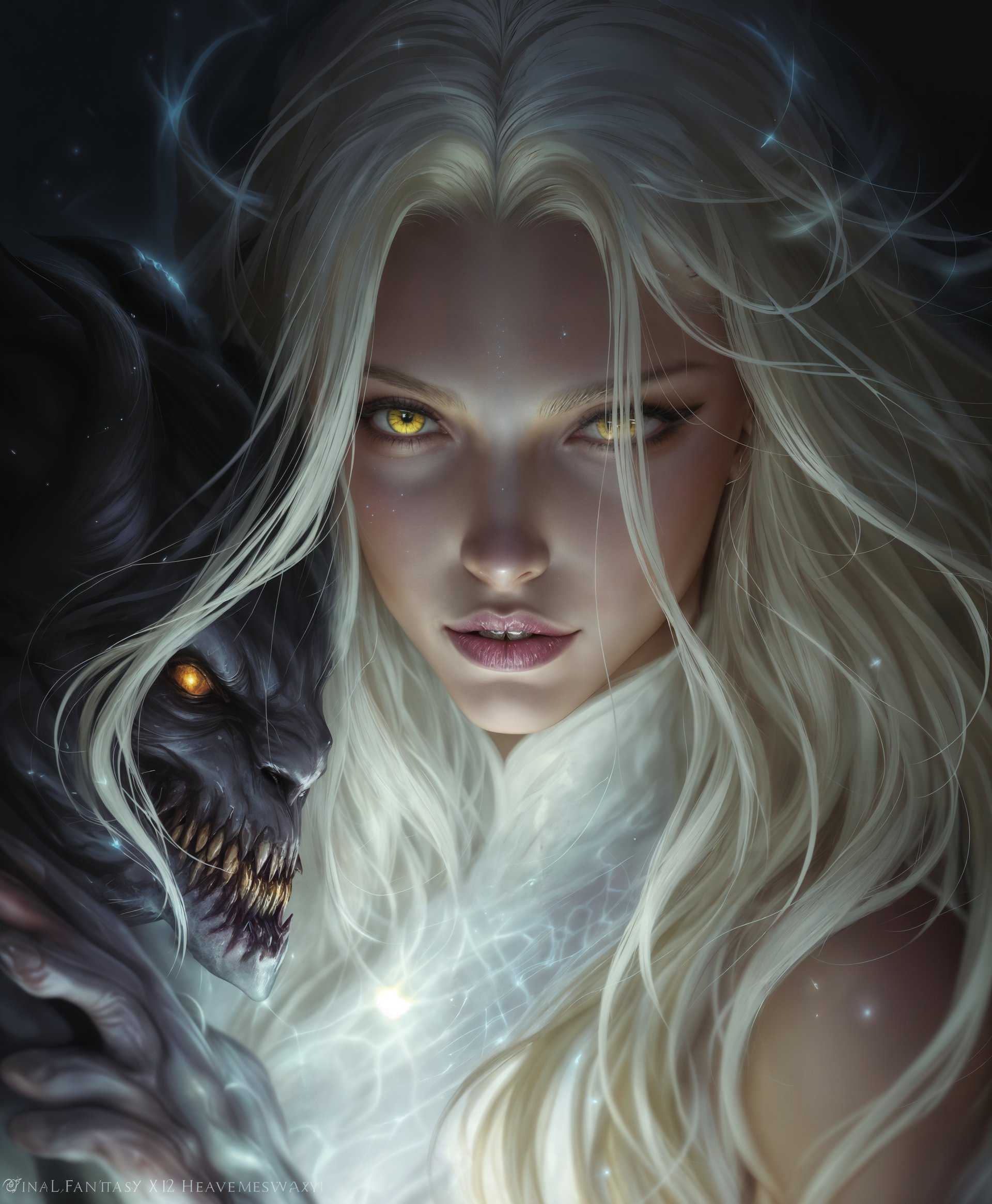 masterpiece, best quality, highres, sharp image, more detail, masterpiece, best quality, highres, sharp image, more detail, **Image Prompt:**

Craft a highly detailed portrait of Sophia, the primal from the game series "Final Fantasy XIV: Heavensward**, focusing on her ethereal and commanding presence. 

- **Subject**: Sophia, depicted as an otherworldly being with divine attributes. She should have an intense gaze, her face illuminated by a soft, divine light, showcasing her intricate facial features and skin texture. Her hair should flow gracefully, with strands highlighted by a subtle glow, possibly incorporating elements of wind or ethereal energy.

- **Secondary Subject**: Include her child demon head, which should be grotesque yet fascinating, with intricate details like scales or horns, contrasting with Sophia's serene beauty. The demon head should be positioned in a way that it looks as if it's whispering or communicating with Sophia, creating a dynamic interaction.

- **Lighting**: Utilize chiaroscuro to enhance the dramatic tension between light and dark, emphasizing the divine versus demonic dichotomy. The light source should come from Sophia, casting a soft, divine glow around her, while the demon head might cast shadows or emit a different, perhaps eerie, light.

- **Color Palette**: Employ a palette of ethereal blues, whites, and silvers for Sophia, with hints of gold or amber to highlight her divine nature. The demon head could introduce darker, more intense colors like deep reds, purples, or blacks, creating a stark contrast.

- **Style**: The image should blend elements of classical portraiture with fantasy art, reminiscent of the intricate details found in pre-Raphaelite paintings or the dramatic flair of Baroque art. The style should reflect a fusion of realism with fantastical elements, showcasing both beauty and horror.

- **Composition**: Sophia should be centrally positioned, her figure slightly turned to give a three-quarter view, allowing for depth in her expression. The demon head should be placed either on her shoulder or hovering close to her face, creating a dynamic tension. The background should be minimalistic, possibly a blurred ethereal realm or a void, focusing all attention on the subjects.

- **Mood and Atmosphere**: The mood should be both serene and unsettling, capturing the duality of Sophia's nature. The atmosphere should feel sacred yet ominous, as if witnessing a moment of divine communion with darker forces.

- **Technical Aspects**: Use techniques like depth of field to blur the background, focusing on Sophia's face and the demon head. Employ fine brushwork for detailed textures on Sophia's skin, hair, and clothing, while using more abstract, expressive strokes for the demon head to convey its otherworldly nature.