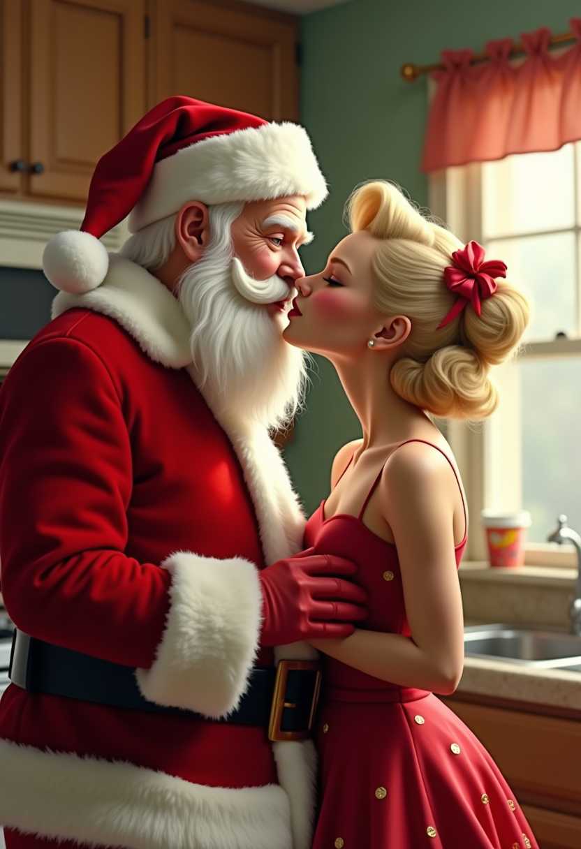 Hyper photorealistic, extra detailed airbrush portrait of a Santa Claus 3d pixar kissing a cute blonde 1950 in the kitchen