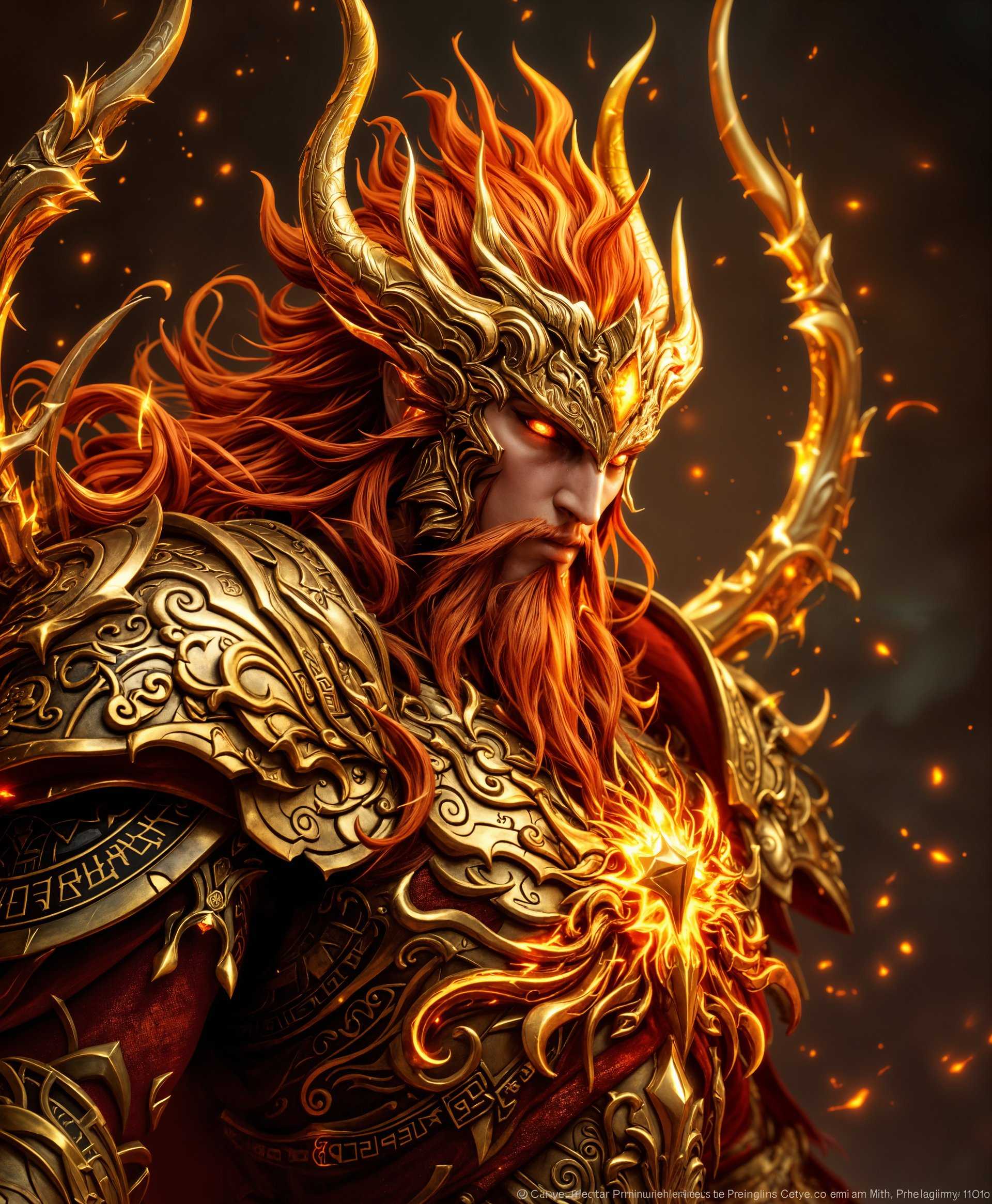 masterpiece, best quality, highres, sharp image, more detail, masterpiece, best quality, highres, sharp image, more detail, Create a highly detailed **portrait** of **Zurvan** from the "Final Fantasy" series, showcasing:

- **Visual Details:** 
  - **Colors:** Deep, rich hues with an emphasis on gold, bronze, and fiery reds and oranges to represent his divine and fiery nature.
  - **Textures:** Intricate, ornate metalwork on his armor, with a focus on the fluid, serpentine motifs. Include fine details like runes and patterns that seem to glow with an inner light.
  - **Lighting:** Dramatic, with highlights that accentuate the metallic sheen and give a sense of divine illumination. Use soft shadows to enhance the depth and volume of his form.

- **Style:** 
  - Inspired by **Baroque art**, with an emphasis on grandeur, drama, and the grandeur of Zurvan's divine presence. The style should evoke a sense of awe and power.
  - Capture the essence of **fantasy art** with a touch of **digital painting** techniques for smooth gradients and vivid colors.

- **Composition:** 
  - **Framing:** Close-up, focusing on Zurvan's face and upper body, filling the frame to emphasize his imposing presence.
  - **Camera Angle:** Slightly low angle to enhance his godlike stature, making the viewer look up to him.
  - **Subject Positioning:** Zurvan's face should be central, with his gaze directed slightly off to the side, suggesting he is looking into the distance or at something unseen.

- **Mood and Atmosphere:** 
  - **Mood:** Awe-inspiring, majestic, with an undercurrent of danger and power.
  - **Atmosphere:** The background should suggest an otherworldly, ethereal environment, perhaps with hints of a fiery, chaotic battlefield or a divine realm where his presence commands attention.

- **Technical Aspects:** 
  - **Depth of Field:** Shallow, keeping Zurvan in sharp focus while the background blurs, emphasizing his significance.
  - **Dynamic Range:** High, with bright highlights and deep shadows to create a sense of three-dimensionality and depth.

- **Cohesion:** 
  - Ensure all elements - from the ornate details of his armor to the atmospheric lighting - contribute to a unified portrayal of Zurvan as both a primal force and a figure of divine beauty and power.