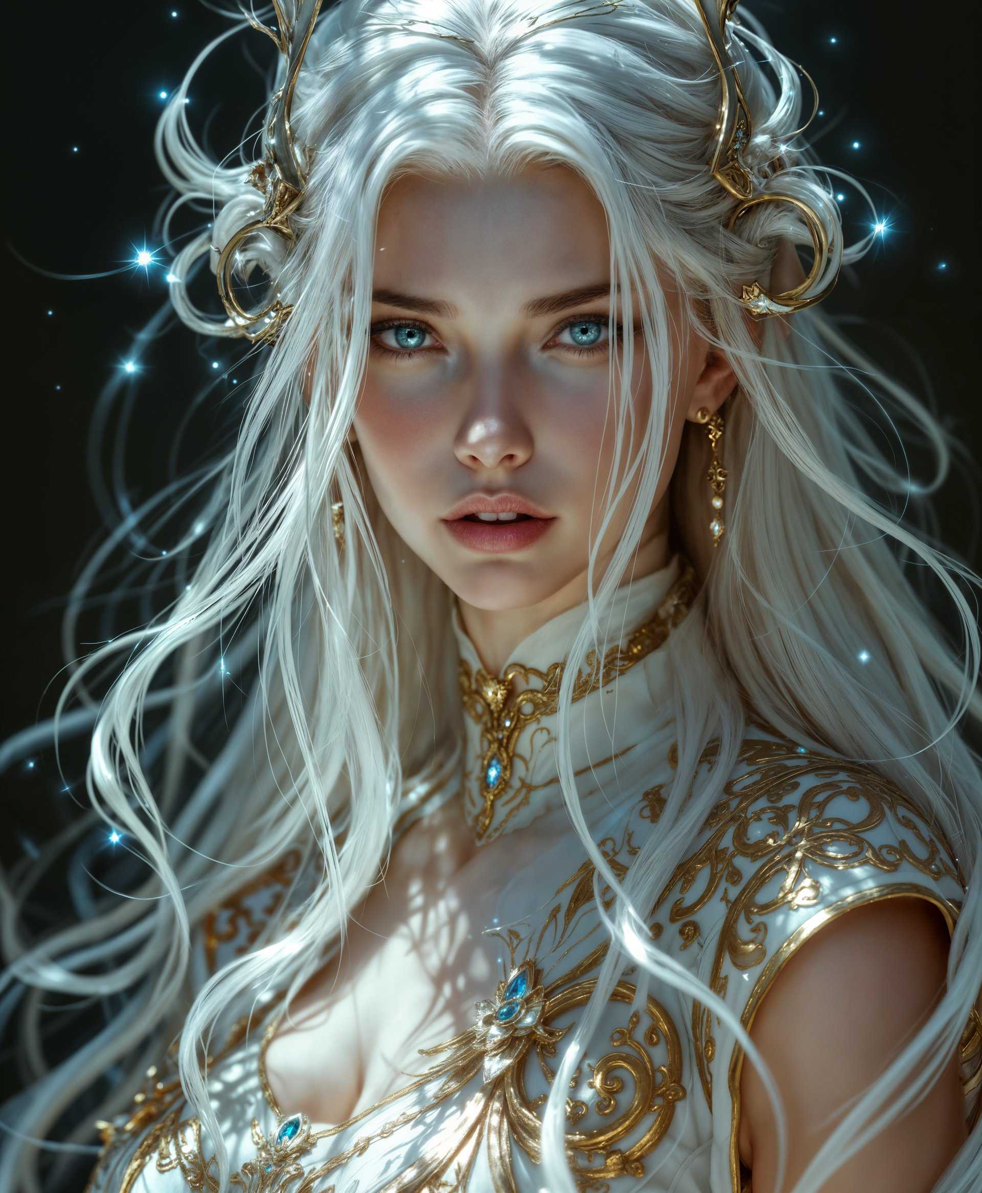 masterpiece, best quality, highres, sharp image, more detail, masterpiece, best quality, highres, sharp image, more detail, An intricately detailed portrait of Sophia, the Primal from the "Final Fantasy" series, rendered in a **hyperrealistic style** with an emphasis on **chiaroscuro lighting** to highlight her divine aura:

- **Visual Details**: Sophia's visage is ethereal, with **soft, luminous skin** that seems to glow from within. Her eyes are piercing, **vivid blue**, reflecting her celestial power. Her hair is a cascade of **silken, white strands** that flow as if caught in an invisible breeze, each strand meticulously detailed to capture light and shadow. Her attire is ornate, featuring **intricate, flowing robes** with **gold and silver filigree**, capturing the essence of an ancient deity.

- **Style**: The image adopts a **Renaissance portraiture** approach, with attention to **anatomical accuracy** and **classical beauty standards**, yet infused with **fantasy elements** to reflect her status as a Primal.

- **Composition**: Sophia is positioned in a **three-quarters view**, her gaze directed slightly to the side, enhancing her enigmatic presence. The **background** is a soft, blurred, cosmic expanse, suggesting her connection to the heavens, with **subtle hints of celestial bodies** like stars and planets.

- **Mood and Atmosphere**: The mood is **serene yet awe-inspiring**, with an **otherworldly ambiance** created by the gentle glow surrounding Sophia. The time of day is ambiguous, suggesting a timeless, divine moment.

- **Technical Aspects**: Employ **soft focus** for the background to keep the viewer's attention on Sophia. Use **bokeh lighting** to create a dream-like quality, and **high dynamic range** to ensure the details of her attire and face are crisp against the soft, diffused light. 

- **Cohesion**: Every element from her expression to the cosmic backdrop works in harmony to evoke a sense of **divine power**, **mystery**, and **beauty**, encapsulating the essence of Sophia as both a being of immense power and a figure of worship.