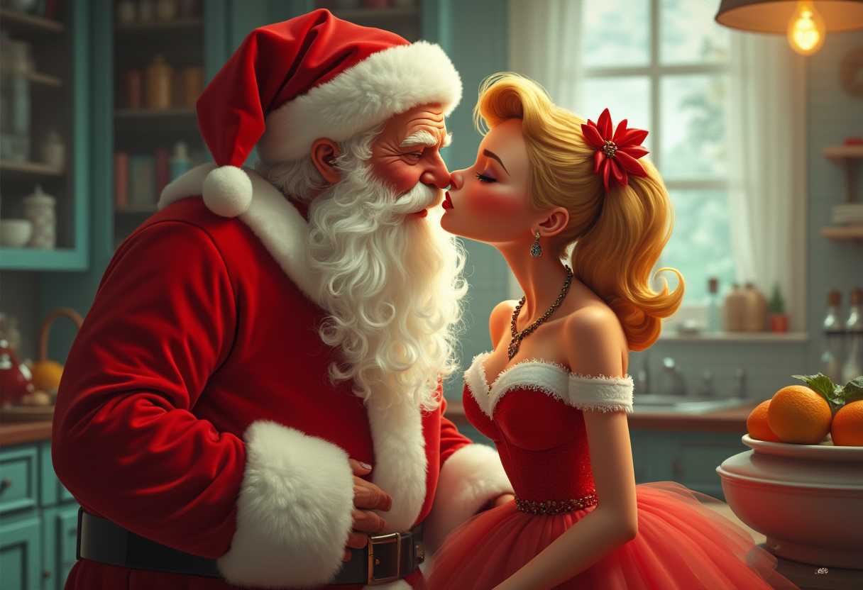 Hyper photorealistic, extra detailed airbrush portrait of a Santa Claus 3d pixar kissing a cute blonde 1950 in the kitchen