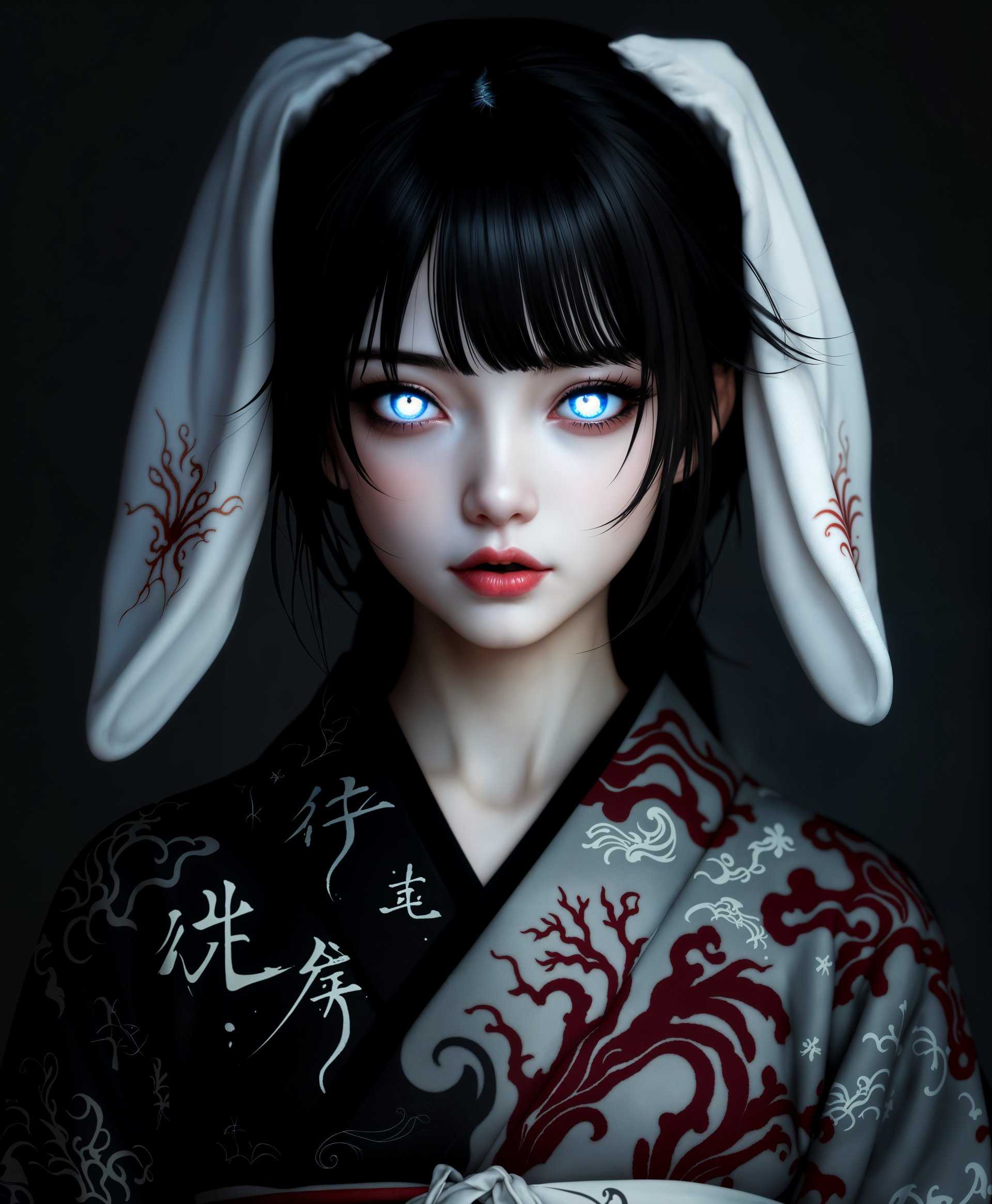 masterpiece, best quality, highres, sharp image, more detail, masterpiece, best quality, highres, sharp image, more detail, **Prompt:**

Create a striking portrait of Tsukuyomi, a young woman with a split duality:

- **Subject**: Tsukuyomi, resembling Yotsuyu goe Brutus, with a pale white left half and a pitch black right half, symbolizing her internal conflict.
  
- **Visual Details**: 
  - Her skin is a stark contrast of pale white and deep black, with no blending at the center line, creating a sharp divide.
  - Glowing blue eyes that radiate an ethereal light, with a slight glow around the iris.
  - Rabbit ears, slightly drooping, colored in a gradient from white to black, matching her skin.

- **Clothing**: 
  - A traditional Japanese kimono, rich in texture, with patterns of dark and light motifs that reflect her split nature. The kimono should be slightly open at the collar, revealing a bit of her neck, with the obi tied in a manner that suggests motion.

- **Accessories**: 
  - In her left hand, she wields an ornate fan, possibly with a painting or calligraphy that hints at her heritage or power.
  - Her right hand holds an elegant, smoke-emitting pipe, with intricate designs that match the fan.

- **Magical Element**: 
  - Behind her, a large crescent moon floats, glowing with a soft blue light, casting a gentle illumination on her form. The crescent should appear almost tangible, with a slight ethereal mist around it.

- **Artistic Style**: 
  - The image should be rendered in the style of Ukiyo-e, with the use of bold outlines and flat areas of color, but enhanced with subtle shading to emphasize the three-dimensionality of her form. 

- **Composition**: 
  - Tsukuyomi stands slightly turned, looking directly at the viewer. Her pose is confident yet serene, with the fan held out to her side, creating a diagonal line that leads the eye through the composition.
  - The camera angle is slightly low, emphasizing her presence and making her appear larger than life.

- **Mood and Atmosphere**: 
  - The scene is set at twilight, with the background showing the last light of day, merging into the night. This setting enhances the contrast of her skin and the magical aura of the crescent moon.
  - There is a calm, almost mystical atmosphere, with a sense of stillness before the night truly begins.

- **Technical Aspects**: 
  - Use techniques like cross-hatching for texture on her kimono, and employ chiarosc