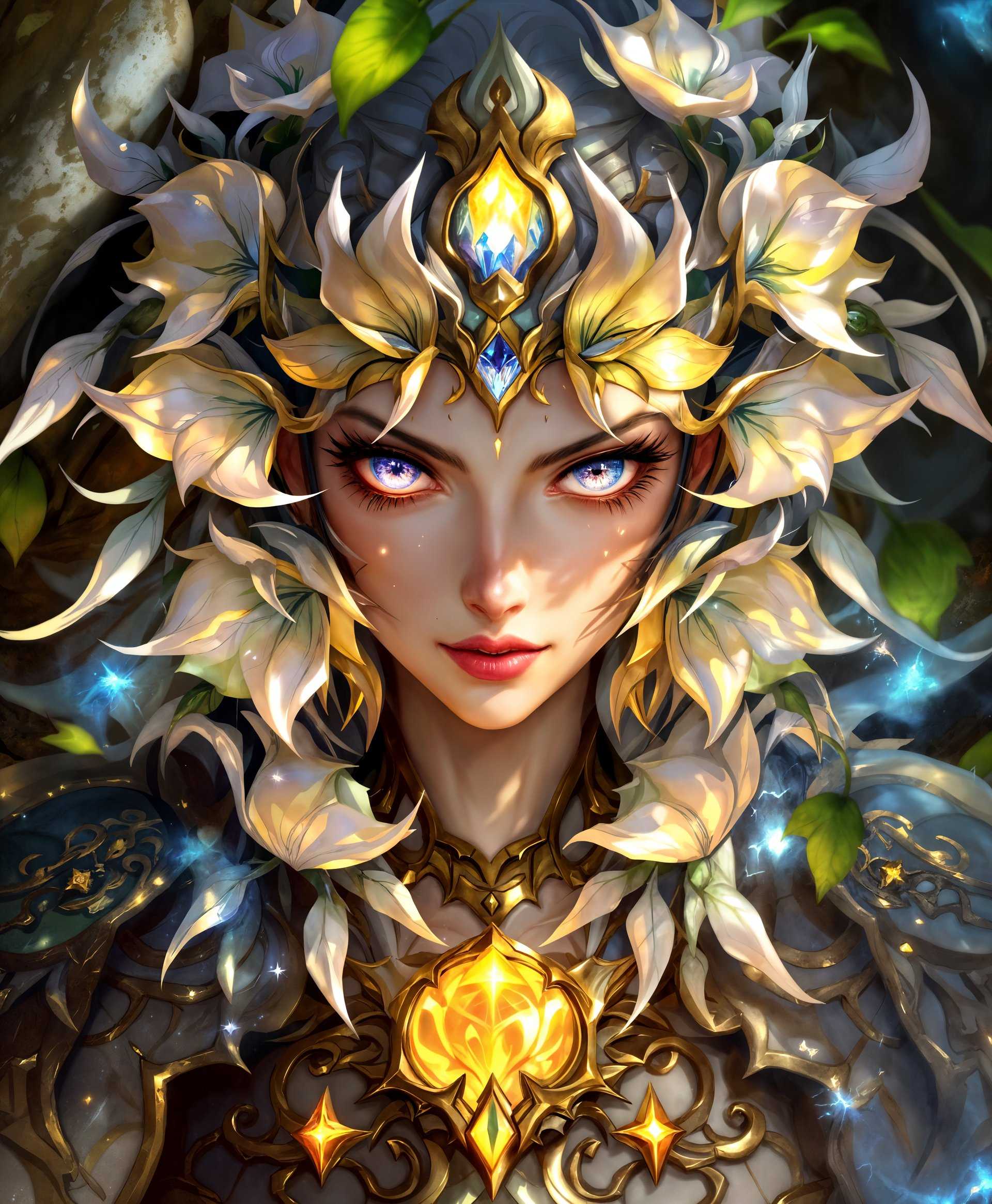 masterpiece, best quality, highres, sharp image, more detail, masterpiece, best quality, highres, sharp image, more detail, **Image Prompt:**

Create a highly detailed portrait of a Primal from the "Final Fantasy" game series, specifically from the Eureka region, with the following specifications:

- **Subject**: A majestic and ethereal being, embodying the spirit of the land, with a commanding presence.
  - **Appearance**: The Primal should exhibit an otherworldly beauty with intricate, nature-inspired armor or adornments, symbolizing its connection to the Eureka landscape. Include glowing runes, crystalline elements, and flora-like motifs.
  - **Facial Features**: Sharp, yet serene features with piercing eyes that reflect the elemental energy of Eureka. The expression should be one of wisdom, power, and a touch of enigma.

- **Style**: Inspired by fantasy art, reminiscent of Yoshitaka Amano's work, blending classical Japanese art with a touch of surrealism. Incorporate a painterly texture with visible brush strokes to give depth and life to the image.

- **Lighting**: Use a soft, diffuse light that highlights the Primal's divine aura, creating a halo effect around the figure. The light should seem to emanate from the Primal itself, casting gentle shadows that accentuate its form.

- **Composition**: 
  - **Framing**: Close-up to mid-shot, focusing on the Primal's face and upper body, with elements of the environment subtly integrated into the background or as part of the Primal's attire.
  - **Camera Angle**: Slightly low angle to emphasize the Primal's imposing nature, looking up at it as if in reverence.

- **Mood and Atmosphere**:
  - **Time of Day**: Twilight, with the sky transitioning from deep blues to purples, enhancing the mystical aura.
  - **Ambiance**: An atmosphere of reverence and awe, with a subtle hint of danger or untamed power, capturing the essence of Eureka's wild and magical nature.

- **Technical Aspects**:
  - **Depth of Field**: Shallow depth of field, focusing sharply on the Primal's face with the background softly blurred, drawing the viewer's eye to the subject.
  - **Color Palette**: Utilize a rich, vibrant palette with contrasts between cool and warm tones to evoke the elemental clash and harmony of Eureka.
  - **Texture**: Emphasize the texture in the Primal's attire, showing the ruggedness of natural materials transformed by magical forces.

- **Cohesion**: Ensure that all elements, from the Primal's appearance to the lighting and environment, work together to tell a story of ancient power