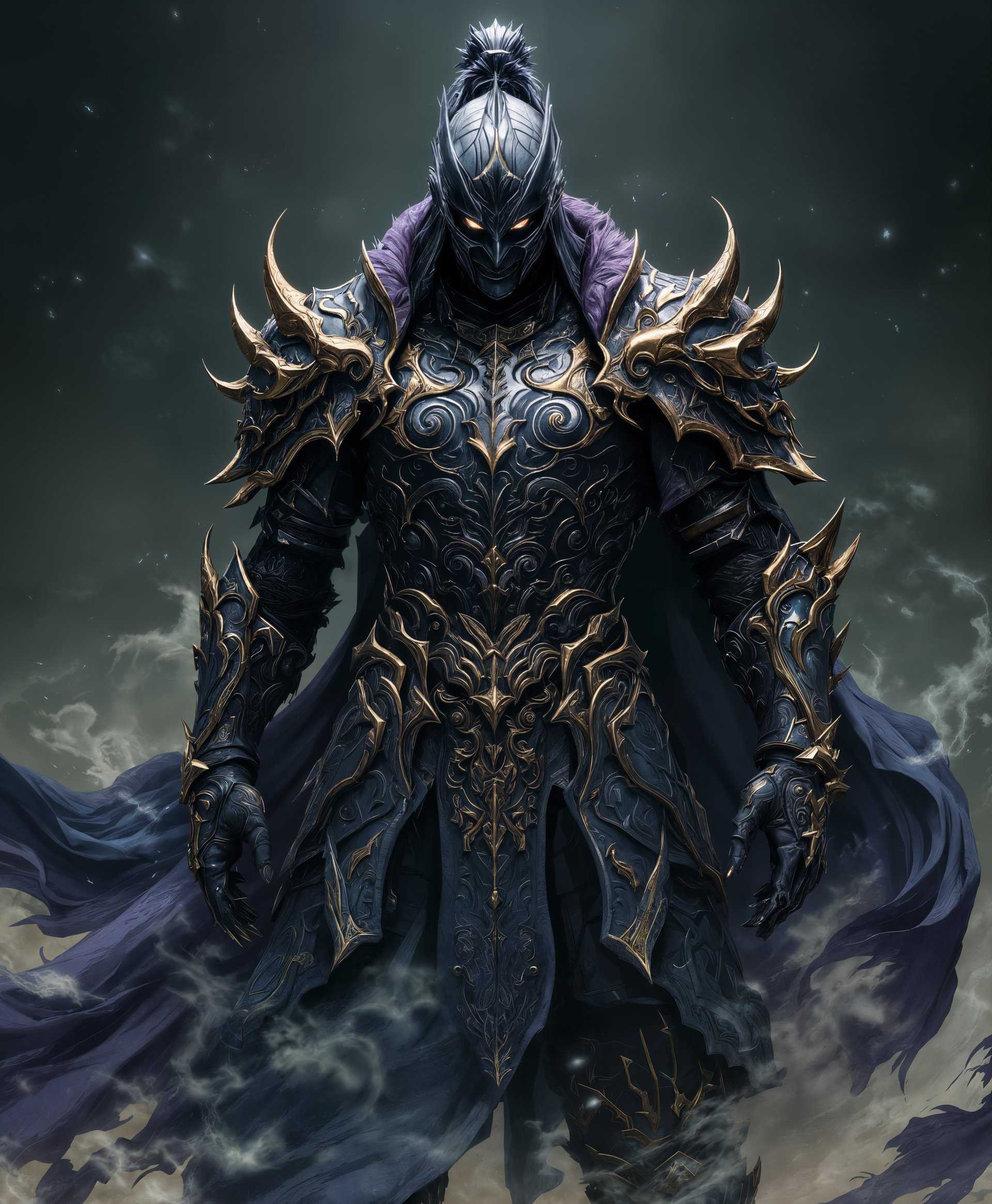 masterpiece, best quality, highres, sharp image, more detail, masterpiece, best quality, highres, sharp image, more detail, **Image Prompt:**

A highly detailed portrait of **Susano**, the dark knight from the "Final Fantasy" series, depicted in a **hyper-realistic style**, reminiscent of **digital concept art** with elements of **Japanese ukiyo-e woodblock prints**. 

- **Subject:** Susano stands in a **dynamic, battle-ready pose**, his **eyes glowing with a fierce intensity**, showcasing his **intimidating presence**. His **armor is ornate**, covered in **intricate, swirling patterns** and **sharp, angular designs** that suggest both his power and his connection to the wind. 

- **Visual Details:** 
    - **Texture:** The armor has a **metallic sheen**, with **etched patterns** that give it depth and a sense of ancient craftsmanship. 
    - **Colors:** Dominated by **deep blues, purples, and black**, accented with **gold and silver** to highlight the ornate details.
    - **Lighting:** Illuminated from below with a **subtle, diffused light** to create dramatic shadows, enhancing the **mysterious and ominous atmosphere**.

- **Composition:** 
    - **Framing:** Close-up, focusing on Susano's face and torso, with **blurred elements of a stormy sky** in the background to suggest his command over the elements.
    - **Camera Angle:** Low angle shot to emphasize his towering presence and power, looking up at him as if from the perspective of an adversary.

- **Mood and Atmosphere:** 
    - **Time:** Dusk, with the sky painted in hues of **dark, stormy clouds**, giving an impression of an impending battle.
    - **Ambiance:** The air is **electric** with the promise of conflict, the scene charged with **tension and the raw energy of the wind**.

- **Technical Aspects:** 
    - **Depth of Field:** Shallow, to keep the focus on Susano while the background remains soft and atmospheric.
    - **Focus:** Sharp focus on his face, particularly his eyes, to capture the essence of his character.

This portrait of Susano should convey **power, majesty, and the primal force of nature**, with every detail contributing to a cohesive, awe-inspiring depiction of this legendary dark knight.