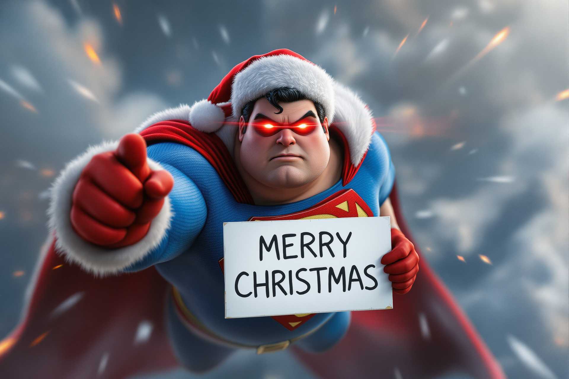 hd hyper realistic photo 3d superman, fat, wearing a santa suit, red laser eyes flying towards the viewer holding a sign that says "MERRY CHRISTMAS" 