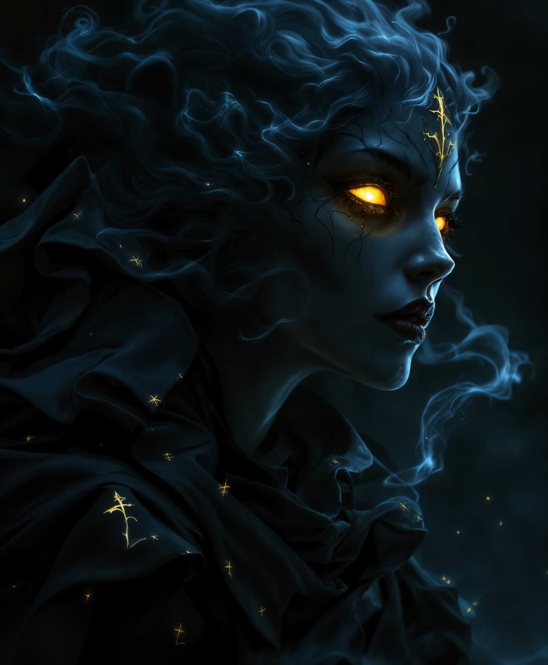 masterpiece, best quality, highres, sharp image, more detail, masterpiece, best quality, highres, sharp image, more detail, A highly detailed portrait of the **Cloud of Darkness** from the "Final Fantasy" series, in a style reminiscent of dark fantasy artwork with influences from Baroque chiaroscuro:

- **Subject**: The Cloud of Darkness, an ethereal, menacing entity with a humanoid female form. Her skin is a deep, shadowy blue-black, with swirling patterns that suggest an otherworldly, almost gaseous presence. Her eyes are piercing and cold, glowing with a malevolent yellow light, filled with an abyss of darkness.

- **Outfit**: She wears flowing, tattered robes that seem to merge with the dark clouds around her. The robes are adorned with arcane symbols, shimmering faintly with a spectral light, creating a contrast against the darkness.

- **Lighting**: Utilize dramatic lighting with strong contrasts, highlighting her features with sharp shadows and glowing edges, suggesting an internal light source. This lighting effect should mimic the dramatic tension found in Caravaggio's paintings, where light seems to carve out figures from darkness.

- **Environment**: She is set against a backdrop of swirling, dark clouds that appear almost alive, pulsing with latent power. These clouds are not just a background but an extension of her being, subtly transitioning into her form.

- **Mood and Atmosphere**: The atmosphere is heavy with a sense of impending doom and supernatural power, with an eerie silence broken only by the faint whisper of wind through the clouds. The time of day is an eternal twilight, where the line between night and day is blurred.

- **Composition**: The portrait is close-up, focusing on her face and upper torso, with her hands extended slightly towards the viewer, as if to cast a spell or beckon. The camera angle is slightly low, looking up at her, enhancing her imposing presence.

- **Technical Aspects**: Employ a shallow depth of field to keep the focus intensely on her, with the background slightly blurred to emphasize her as the central figure. Use a high dynamic range to capture the full spectrum of darkness and light, showcasing her intricate details and the ethereal quality of her form.

- **Overall**: This portrait captures the essence of the Cloud of Darkness as a formidable, enigmatic antagonist, with every detail from her expression to her environment reinforcing her power and the dread she inspires.