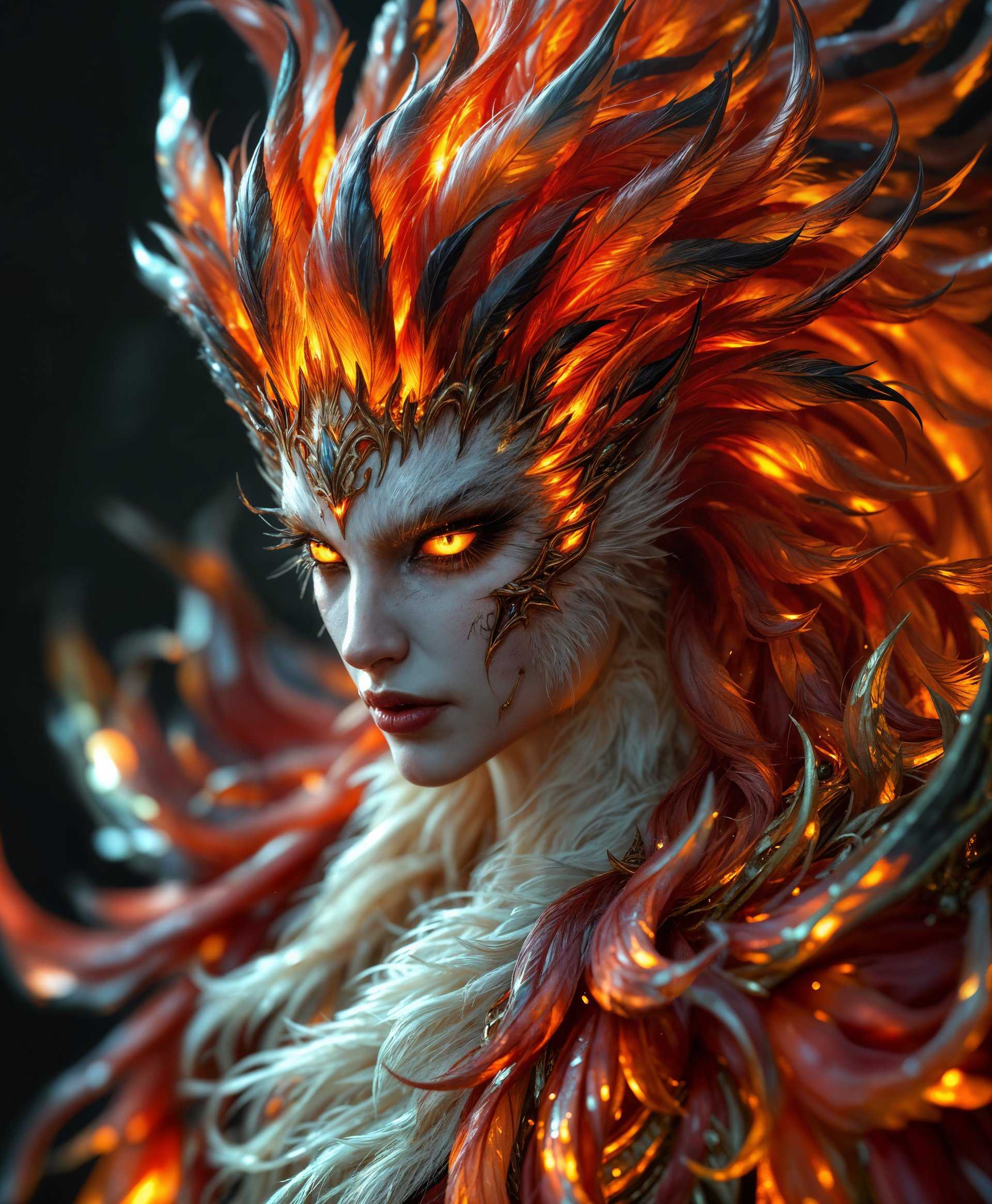 masterpiece, best quality, highres, sharp image, more detail, masterpiece, best quality, highres, sharp image, more detail, Create an **ultra-high-resolution portrait** of **Raktapaksa**, the primal from "Final Fantasy XIV", capturing his essence with:

- **Visual Details**: 
  - **Feathers**: Meticulously detailed, each feather showcasing iridescence and a gradient from deep crimson to fiery orange, with hints of black at the edges. 
  - **Eyes**: Piercing, with a golden glow, reflecting an inner fire, framed by intricate, feather-like eyelashes.
  - **Skin**: Ethereal, with a subtle luminescence, as if light is emanating from within, revealing the texture of his avian-like skin.
  - **Armor**: Ornate, with motifs of flames and feathers, made from a material that seems both organic and metallic, reflecting light in a way that suggests movement.

- **Style**: 
  - Inspired by the **Art Nouveau movement**, with fluid, organic lines and a harmonious blend of nature and mysticism. 
  - Incorporate **chiaroscuro** lighting techniques to enhance the depth and contrast, highlighting Raktapaksa's divine presence.

- **Composition**: 
  - **Framing**: Tight, focusing on Raktapaksa's face and upper body, with his wings slightly unfurled, framing the portrait.
  - **Camera Angle**: Slightly from below, giving a sense of awe and grandeur, looking up at the primal.
  - **Subject Positioning**: Central, with the head turned slightly to the side, gaze piercing through the viewer, exuding both majesty and a hint of menace.

- **Mood and Atmosphere**: 
  - **Ambiance**: An ethereal, almost sacred atmosphere, with soft, ambient light filtering through an unseen source, casting long, dramatic shadows.
  - **Time of Day**: Dusk, with the sky behind Raktapaksa painted in hues of sunset, enhancing the fiery theme.
  - **Weather**: Clear, with the sky reflecting the primal's inner fire, creating a backdrop of intense colors.

- **Technical Aspects**: 
  - **Depth of Field**: Shallow, with Raktapaksa in sharp focus, while the background softens into a mystical, blurred landscape.
  - **Color Palette**: Rich, with a focus on warm colors - reds, oranges, and deep purples, contrasted with the occasional cool tone to highlight his divine nature.
  - **Lighting**: Dramatic, with a key light illuminating Raktapaksa's face, and rim lighting outlining his