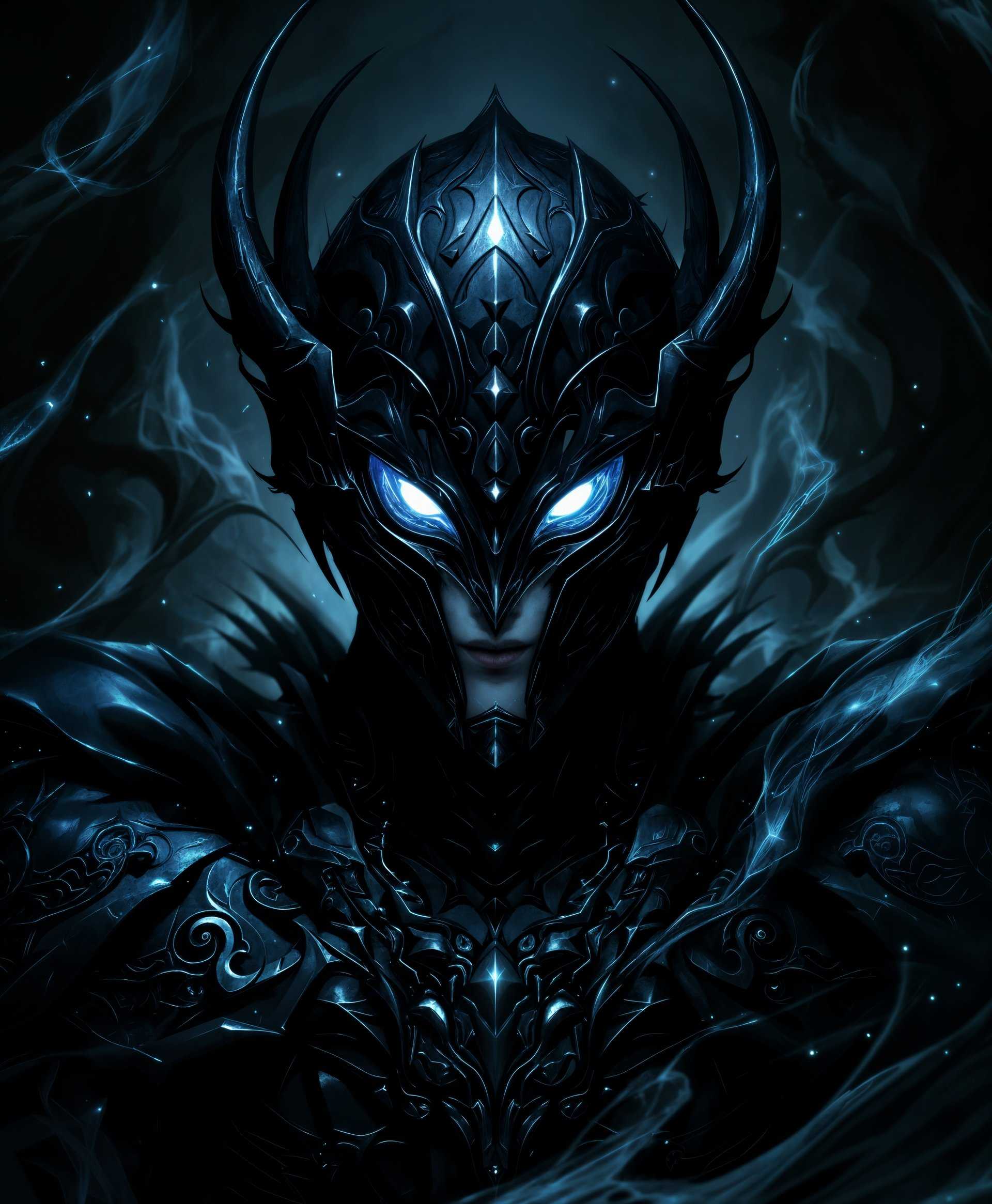 masterpiece, best quality, highres, sharp image, more detail, masterpiece, best quality, highres, sharp image, more detail, Create a highly detailed portrait of **Shadowkeeper** from the "Final Fantasy" series:

- **Visual Details**: Capture the intricate design of Shadowkeeper's dark, ornate armor with a focus on the reflective, metallic textures. Highlight the glowing, ethereal eyes that pierce through the visor of the helm. The armor should be adorned with subtle, mystical engravings that seem to shift in the shadows. Emphasize the contrast between the dark armor and the soft, eerie glow emanating from within.

- **Artistic Style**: Render the image in a style reminiscent of dark fantasy art, blending elements of gothic and surrealism. Use techniques similar to those of H.R. Giger for the biomechanical aspects, while incorporating the fluidity of Yoshitaka Amano's work for the ethereal and mythical elements.

- **Composition**: Center the portrait with Shadowkeeper in a full frontal pose, slightly tilted to one side, creating a sense of impending movement. The background should be an abstract, swirling darkness that suggests an otherworldly realm, with faint silhouettes of ancient ruins or floating debris to provide depth and context.

- **Mood and Atmosphere**: Convey an atmosphere of ancient power and mystery. The lighting should be dramatic, with soft, directional light casting long shadows and highlighting the textures of the armor. The mood should be ominous, with a feeling of silent, oppressive power, as if Shadowkeeper is on the cusp of unleashing its wrath.

- **Technical Aspects**: Employ a shallow depth of field to keep the focus on Shadowkeeper, blurring the background slightly. Use chiaroscuro lighting to enhance the dramatic effect, with key lights casting sharp shadows and fill lights softening the overall darkness. Incorporate elements of lens flare to give the impression of light filtering through an unseen barrier or portal.

- **Cohesion**: Ensure that the dark, gothic elements of the armor, the ethereal glow, and the mysterious background all blend seamlessly to create a believable, immersive portrait of Shadowkeeper, embodying the primal essence of the character from the "Final Fantasy" series.