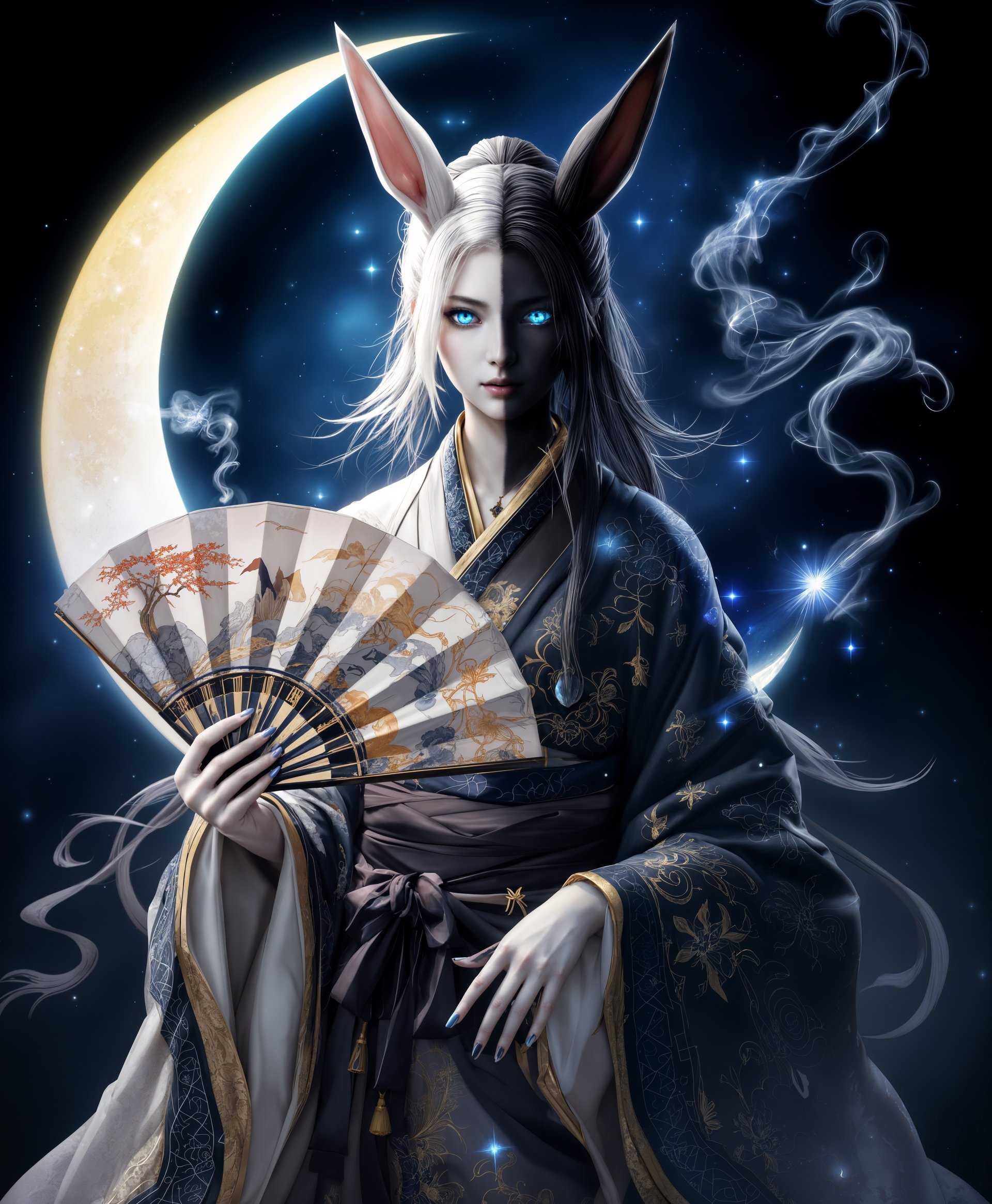 masterpiece, best quality, highres, sharp image, more detail, masterpiece, best quality, highres, sharp image, more detail, A high-definition portrait of **Tsukuyomi** from "Final Fantasy XIV":

- **Subject**: A young woman with a split complexion, the left half of her body pale white, the right half pitch black, with glowing blue eyes and rabbit ears.
- **Clothing**: Dressed in an ornate, traditional Japanese kimono with intricate patterns and textures, capturing the fluidity of silk and the rigidity of obi belts.
- **Accessories**: Holding a fan in her left hand, delicately crafted with painted scenes, and a pipe in her right, emitting a gentle wisp of smoke that blends into the ethereal atmosphere.
- **Magical Element**: A crescent moon, shimmering with celestial energy, floats behind her, casting a soft, magical glow on her form, enhancing the depth and mystery of the scene.
- **Artistic Style**: Rendered in the style of ukiyo-e prints, with a focus on fine line work, color gradients, and subtle shading to evoke a timeless, otherworldly beauty.
- **Composition**: Tsukuyomi is positioned in a three-quarter view, looking slightly to the side, with the fan extended outward, creating a dynamic diagonal line. The crescent moon is slightly off-center, framing her silhouette.
- **Lighting**: Illuminated by a soft, ethereal light source from above, highlighting the contrast between her light and dark halves, with the glow from her eyes and the crescent moon adding depth to the shadows.
- **Mood and Atmosphere**: The scene exudes a serene yet mysterious aura, set in a tranquil, moonlit night with hints of a starry sky, conveying a blend of tranquility and the supernatural.
- **Technical Aspects**: Utilize a shallow depth of field to blur the background, focusing on Tsukuyomi, with a high-resolution capture to ensure clarity of details in her kimono, accessories, and facial features.