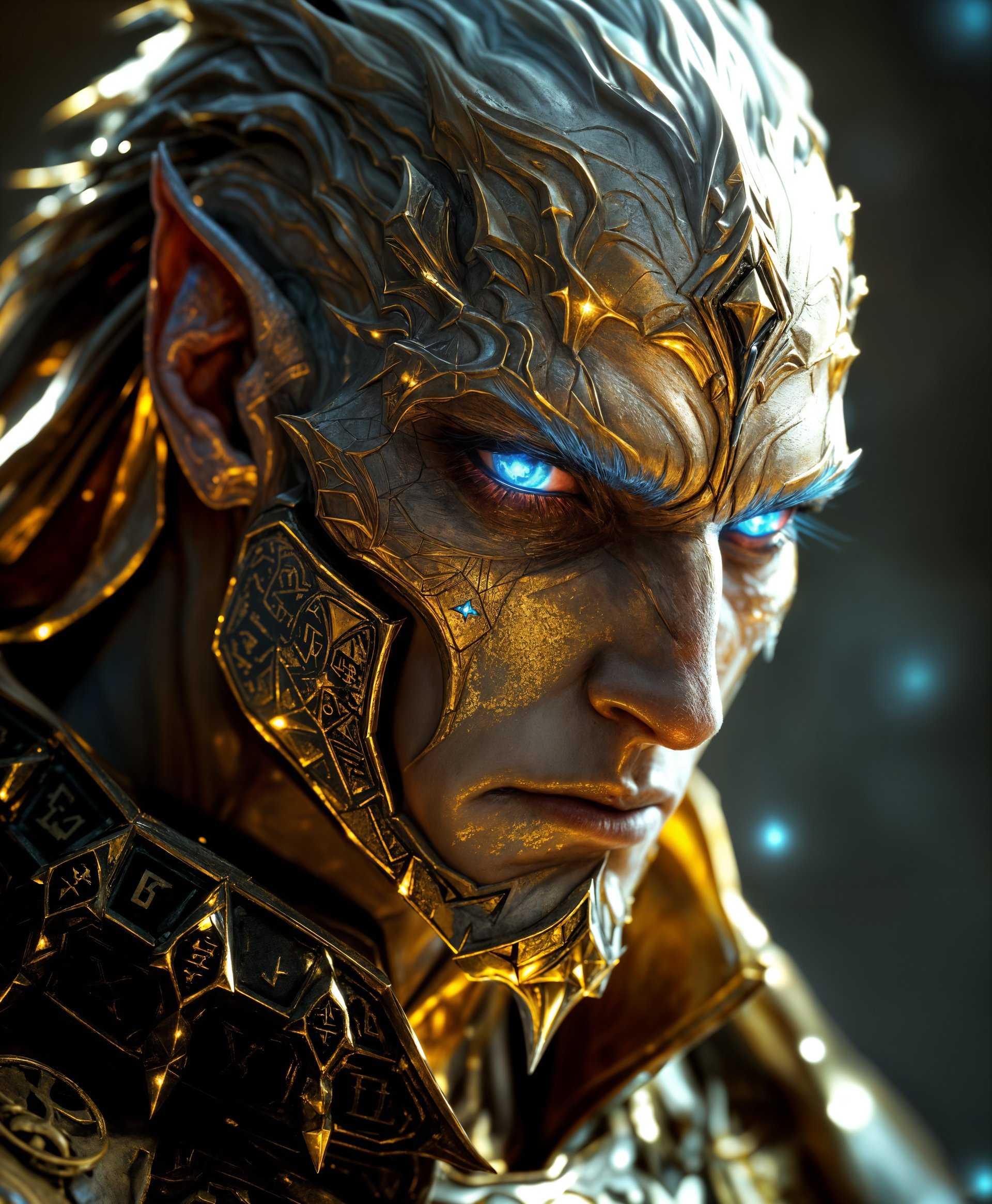 masterpiece, best quality, highres, sharp image, more detail, masterpiece, best quality, highres, sharp image, more detail, **Image Description Prompt:**

A hyper-realistic, detailed portrait of Elidibus from the "Final Fantasy" series. The image captures the ethereal, otherworldly essence of this primal being, focusing on:

- **Visual Details**: His skin should shimmer with an iridescent glow, subtly reflecting the light with hues of gold and silver. His eyes, piercing and filled with ancient wisdom, should be a vivid, unearthly blue, with intricate, almost crystalline structures within. His armor, made of an otherworldly metal, should be etched with intricate runes that glow faintly, suggesting an arcane power. The texture of the metal should appear both smooth and slightly textured, capturing the interplay of light and shadow.

- **Style**: The portrait should be rendered in a style reminiscent of Baroque art, with dramatic chiaroscuro lighting to enhance the depth and dimensionality of Elidibus's features. The focus should be on the hyper-detailed rendering of his face and armor, with a background that fades into a soft, ethereal glow, creating a sense of depth and mystery.

- **Composition**: Elidibus should be framed in a close-up, his face slightly turned to the side, looking towards the viewer with a gaze that pierces the soul. The camera angle should be slightly below eye level, adding to his imposing presence. The composition should be tight, focusing on his head and shoulders, with his armor and cloak blending into the background to keep the viewer's attention on his face.

- **Mood and Atmosphere**: The atmosphere should convey a sense of divine presence, with a solemn, almost sacred silence surrounding him. The time of day should be ambiguous, as if Elidibus exists outside of time itself, with a soft, diffused light that suggests a divine or magical source. The mood should be one of awe, reverence, and slight trepidation, capturing the essence of a being beyond mortal comprehension.

- **Technical Aspects**: Use techniques like focus stacking to ensure every detail is crisp, from the fine hairs on his face to the intricate engravings on his armor. Employ a shallow depth of field to blur the background, ensuring Elidibus stands out. The lighting should be meticulously controlled to highlight his facial features while casting shadows that add to the dramatic effect.

- **Cohesion**: The entire composition should work together to present Elidibus as a figure of immense power and mystery, with every element from the lighting to the detailed rendering of his attire reinforcing his status as a primal from the "Final Fantasy" universe. The ethereal background