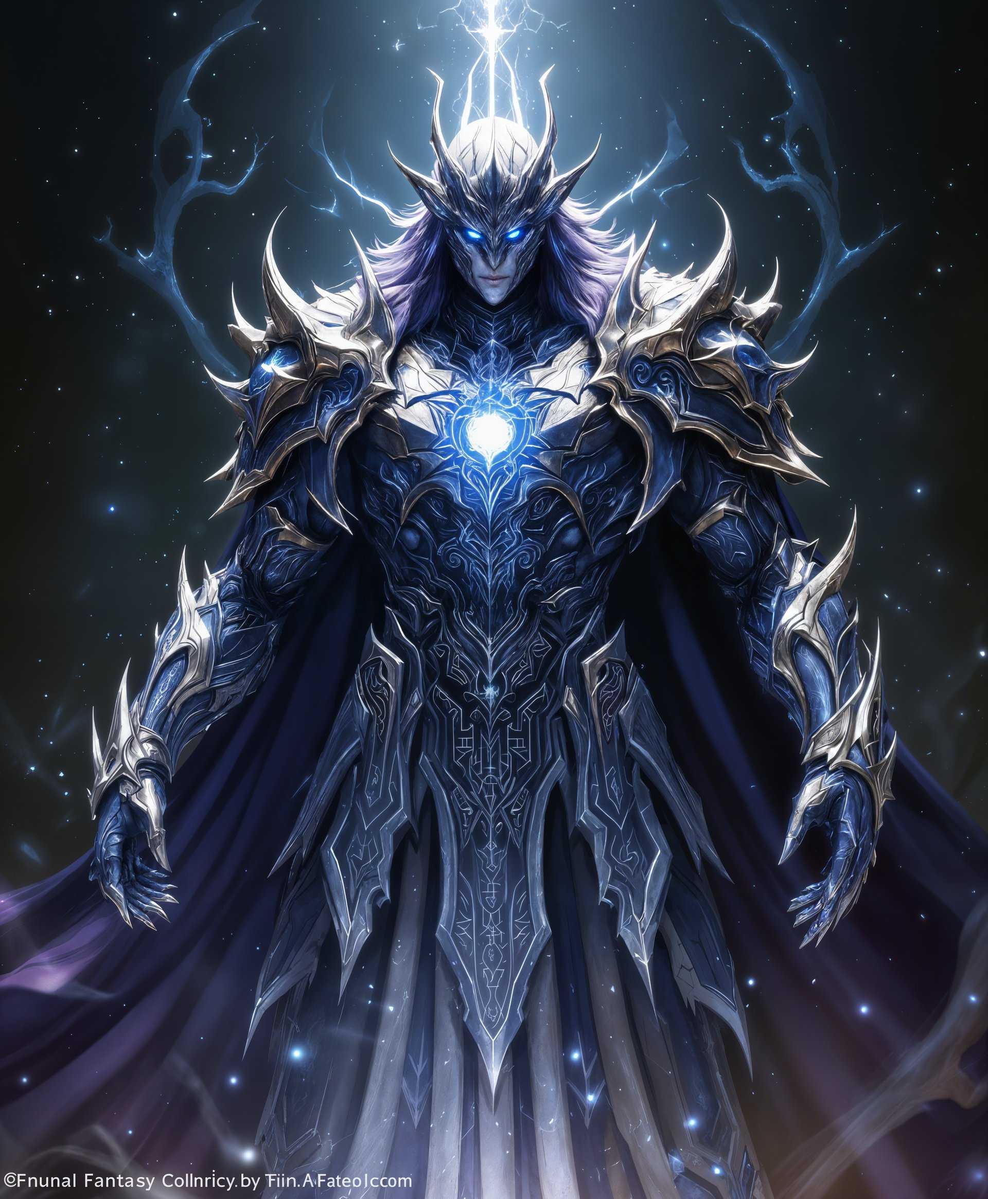 masterpiece, best quality, highres, sharp image, more detail, masterpiece, best quality, highres, sharp image, more detail, A highly detailed portrait of the Primal, **Fatebreaker**, from the *Final Fantasy* series, showcasing:

- **Visual Details**: 
  - **Appearance**: A majestic and imposing figure, with armor forged from the essence of fate itself, shimmering with an otherworldly glow. The armor features intricate, rune-like engravings that pulse with an inner light, symbolizing destiny and the flow of time. 
  - **Color Palette**: Dominant colors include deep indigo, celestial silver, and hints of cosmic purple, with accents of starlight white to emphasize the ethereal nature of Fatebreaker.
  - **Lighting**: Soft, diffused light that seems to come from within the Primal itself, creating an aura of mystique. Shadows are deep, adding depth and emphasizing the complexity of the armor.

- **Style**: 
  - The portrait should reflect a blend of *Renaissance* painting techniques with the detailed, fantastical elements typical of *Final Fantasy* artwork. Use chiaroscuro to highlight the dramatic elements of the scene.

- **Composition**: 
  - **Framing**: Close-up, focusing on the face and upper body, capturing the intensity of Fatebreaker's gaze directly at the viewer. The background should be abstract, suggesting a cosmic void or swirling time vortex, keeping the focus on Fatebreaker.
  - **Camera Angle**: Slightly low angle to give a sense of power and majesty to Fatebreaker.

- **Mood and Atmosphere**: 
  - The atmosphere is one of awe, mystery, and a touch of foreboding. The time of day is indeterminate, as if time itself bends around Fatebreaker, creating a timeless, almost otherworldly setting.

- **Technical Aspects**: 
  - **Focus**: Sharp focus on the eyes to convey the soul of the Primal, with the rest of the image slightly softer to maintain the ethereal quality.
  - **Depth of Field**: Shallow, to separate Fatebreaker from the abstract background, enhancing the sense of otherworldliness.
  - **Lighting Techniques**: Use of backlighting to create a halo effect around the figure, enhancing the divine aspect of the character.

- **Cohesion**: All elements should converge to create an image that not only captures the essence of Fatebreaker but also evokes the epic narrative and fantastical world of *Final Fantasy*, ensuring the viewer feels both the power and the mystery of this Primal.