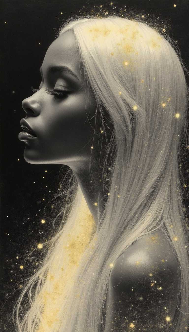 The image features a beautiful girl in profile, showcasing full lips and long eyelashes that accentuate her striking black eyes. Her dark skin contrasts beautifully with her long, white hair, which shimmers with golden sparks, creating a magical effect. The girl's serene expression conveys a sense of calm and peace. Surrounding her are glowing particles that add to the ethereal atmosphere, enhancing the radiance of her presence. The background is dark, emphasizing the luminosity of the girl and her hair, making her the focal point of the composition. The overall drawing is rendered in pencil, allowing for soft, delicate lines that convey texture and depth. The shading creates a gentle gradient, enhancing the contrast between the bright elements and the dark background. The image is characterized by a surreal style, with a dreamlike quality that evokes a sense of wonder. The composition is centered, with the girl as the main subject, and the perspective is slightly angled to highlight her profile. The lighting appears to be soft and diffused, contributing to the tranquil mood of the scene. Keywords: surreal, ethereal, pencil drawing, profile view, calm, magical radiance, soft lighting, contrast, glowing particles, dark background, serene expression, delicate lines, texture, dreamlike quality.