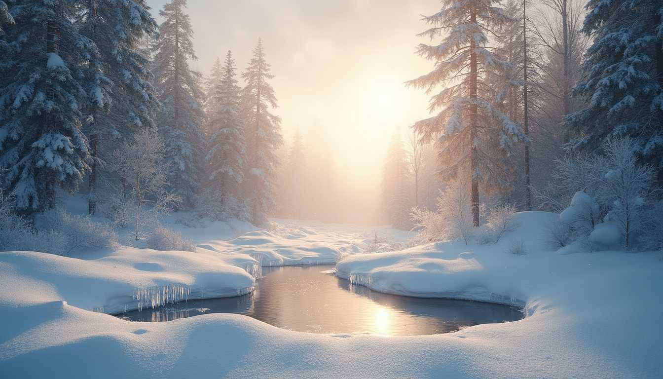 In a **winter wonderland**, visualize a serene, snow-covered landscape at **dawn**, with the first light of the sun casting a soft, golden glow over everything. The scene is dominated by **tall, snow-laden pine trees** whose branches are heavy with **crystals of frost**, reflecting light in a prismatic display. The ground is blanketed in a **fresh, undisturbed layer of snow** with intricate **snowflake patterns** visible where the light catches them. 

**Style:** Capture the scene in the style of **romantic landscape painting**, reminiscent of the works of Caspar David Friedrich, with a focus on the sublime beauty of nature. 

**Composition:** The camera is positioned at a **low angle**, looking up towards the trees, creating a sense of awe and majesty. The foreground should feature **a small, frozen pond** with **icicles hanging from its edges**, adding a layer of depth to the scene. 

**Mood and Atmosphere:** The mood is **peaceful and tranquil**, with the silence of the snow enhancing the feeling of isolation and solitude. The atmosphere is crisp, with the air filled with **soft, swirling snowflakes** gently falling, creating a **misty, ethereal veil** over the landscape.

**Technical Aspects:** Use **soft focus** to blur the background slightly, emphasizing the foreground elements. Employ **high dynamic range imaging (HDRI)** to capture the range of lighting from the bright sky to the shadowed snow, ensuring details are visible in all areas. 

This scene should evoke a **sense of wonder and calmness**, inviting the viewer to step into a moment of stillness within nature's grand design.