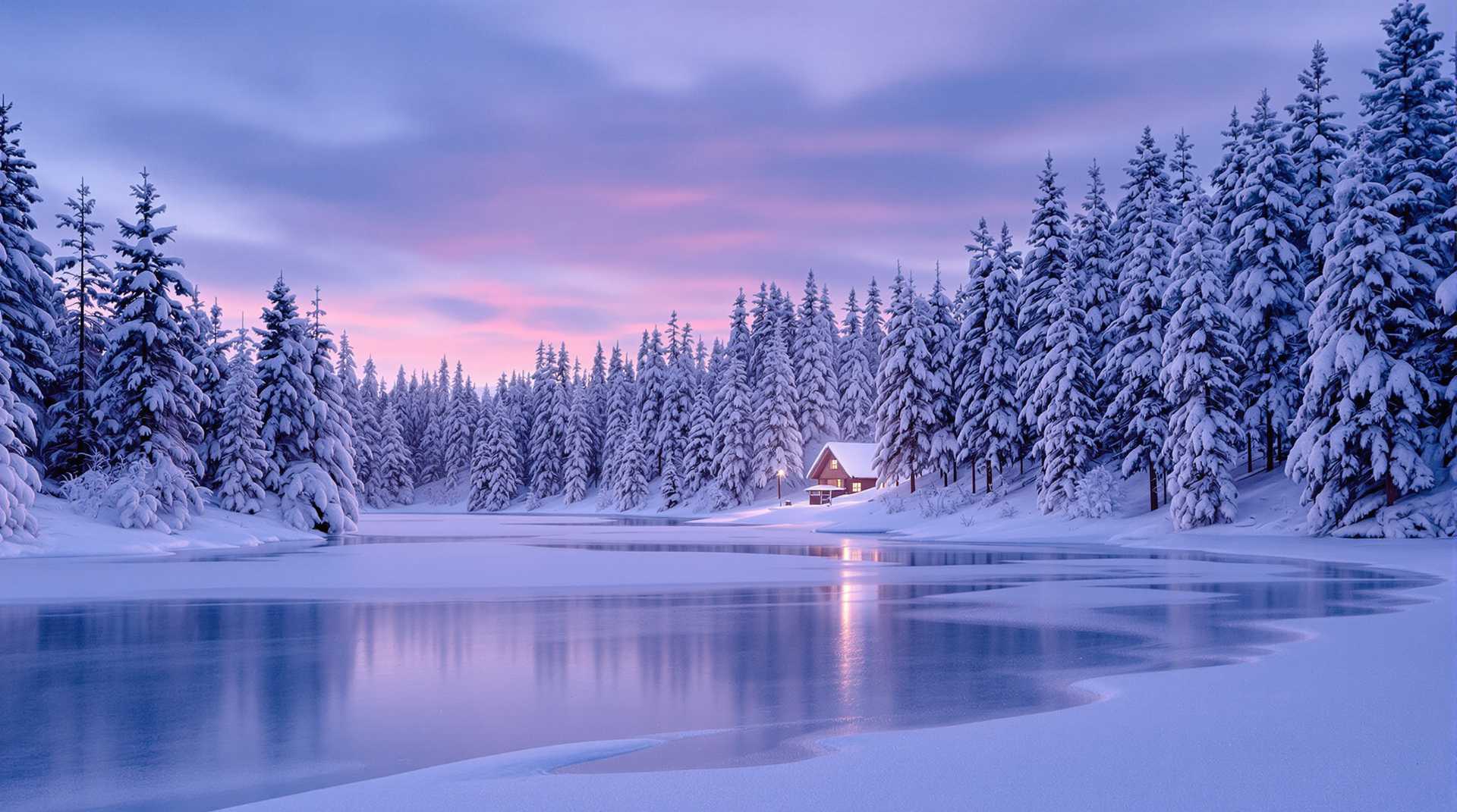 A serene winter landscape at twilight, where soft, powdery snow blankets a serene forest scene. The scene is bathed in the gentle, cool hues of dusk with the sky painted in shades of pale blue, soft pinks, and purples. Snow-covered pine trees with intricate, frosty patterns on their needles stand majestically, their branches heavy with snow. The foreground features a frozen lake, its surface reflecting the twilight sky and the subtle glow from a distant cabin's warm light, creating a magical mirror effect. 

**Visual Details:**
- **Textures:** The snow has a pristine, untouched quality, with subtle footprints from wildlife creating delicate patterns. 
- **Colors:** The palette consists of cool whites, blues, purples, and the soft, warm light from the cabin contrasting with the cold.
- **Lighting:** Dusk lighting with a slight backlight to enhance the silhouette of trees and the reflective quality of the snow.

**Style:** Capture this scene in the style of a classic Romantic landscape painting, reminiscent of Caspar David Friedrich, with a touch of realism through photorealistic textures.

**Composition:** 
- **Framing:** The composition frames the cabin as a focal point in the distance, with the forest creating a natural frame around the lake.
- **Camera Angle:** The camera is slightly elevated, giving a panoramic view of the winter wonderland.

**Mood and Atmosphere:**
- **Feeling:** The scene evokes tranquility and solitude, with an air of mystery as the dusk turns into night.
- **Weather:** The snowfall has just ceased, leaving behind a still, cold, and silent atmosphere.
- **Ambiance:** The soft, diffused light from the sky and the cabin's warm glow create a cozy, inviting contrast to the cold environment.

**Technical Aspects:**
- **Depth of Field:** Use a shallow depth of field to focus on the foreground snow and lake, with the cabin slightly blurred in the background.
- **Exposure:** Balance the exposure to capture the details in the snow without blowing out the highlights, ensuring the colors of the sky remain vibrant.

This winter wonderland should feel like stepping into a fairy tale, where the natural beauty of winter is celebrated in its purest form, with every element working in harmony to evoke a sense of wonder and peace.