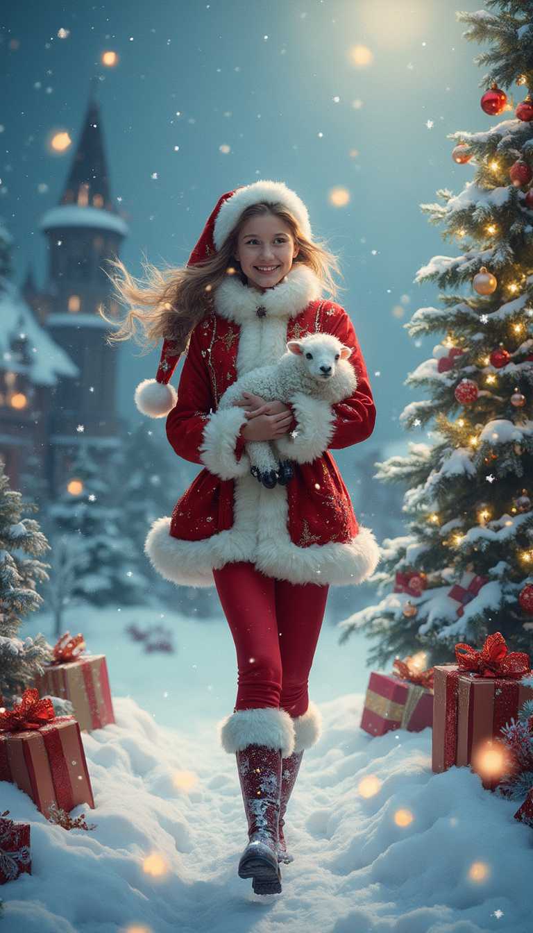 A fantastical young woman bursts into the scene, set in a whimsical North Pole Christmas wonderland. She is clad in a vibrant, form-fitting Santa outfit crafted from rich crimson fabric, adorned with fluffy white trim that seems to dance with the snowy breeze. Her knee-high boots, sparkling with delicate fur cuffs, leave a trail of shimmering snowflakes as she moves with an energetic grace, capturing the essence of action photography in this enchanting setting. Cradled gently in her arms is a tiny lamb, its fluffy white fleece glowing against the backdrop of a magical winter landscape. Surrounding her is a lively atmosphere filled with the spirit of the season: a grand Christmas tree towers nearby, its branches heavy with shining ornaments and flickering lights that twinkle like stars. Colorfully wrapped gifts lie scattered around, inviting wonder and excitement. Snowflakes swirl playfully through the air, illuminated by the ethereal light of the Northern sky, creating a breathtaking scene that blends fantasy cinematic elements with fairy tale charm. The air is thick with magic, as glimmers of light spiral around her, making the entire composition feel like a vivid dream captured in a fantastical cartoon style.