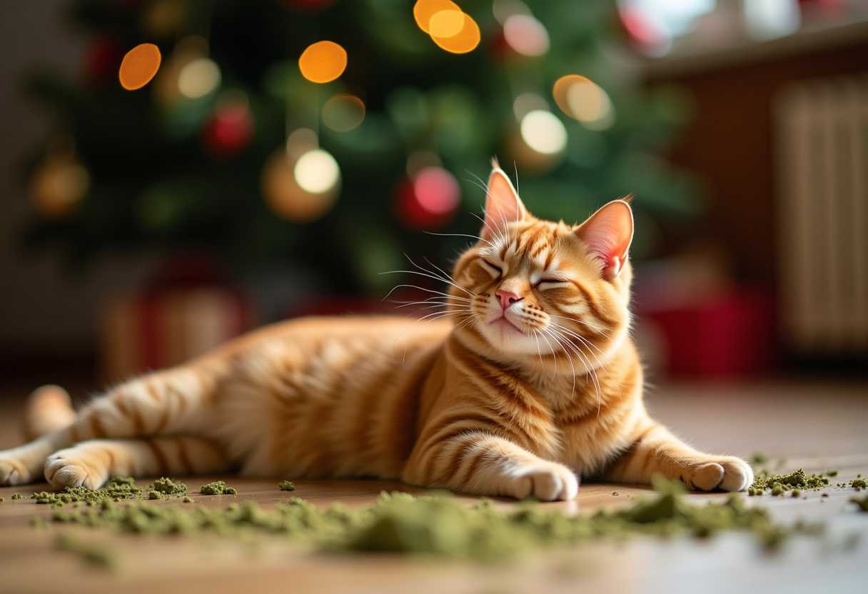 A ginger cat joyfully stretching his body with his ass lifted on a pile of catnip scattered on the floor. The cat has closed eyes and a big, happiest smile ever, feeling like in heaven. Blurred Christmas tree in the background. Cinematic, bokeh.