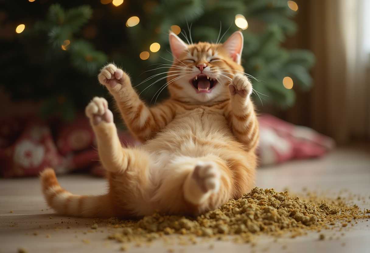 A ginger cat joyfully stretching his body with his bottom lifted on a pile of catnip scattered on the floor. The cat has closed eyes and a big, happiest smile ever, feeling like in heaven. Blurred Christmas tree in the background. Cinematic, bokeh.