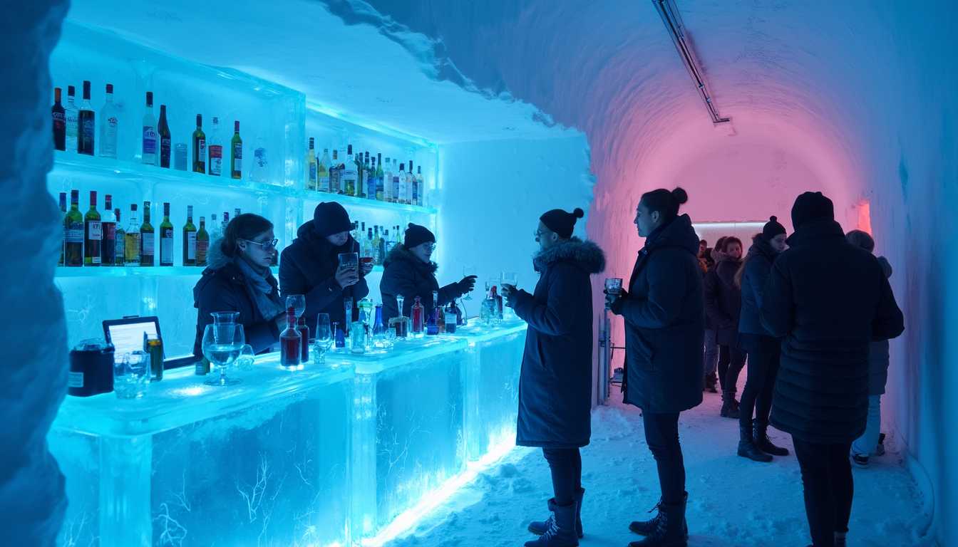 Inside a Bar complete made out of ice in Finnland. Party people in winter dressing enjoy there drinks. Crystal clear atmosphere with transparent ice bar in background illuminated with blue led lighting 