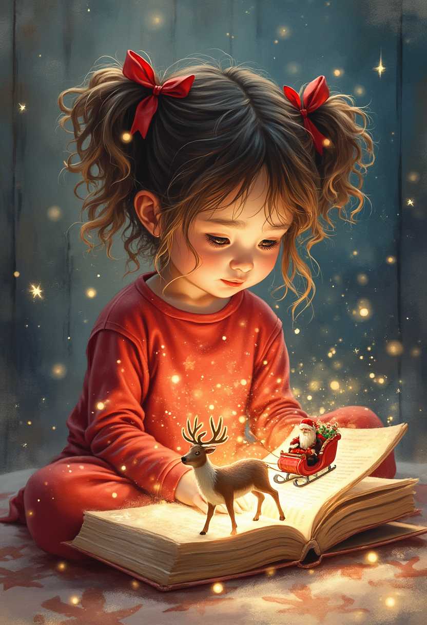 Create a highly detailed watercolor illustration of a little girl messy hair in messy pigtails tied with a red Christmas ribbon, pajamas sitting on the floor, reading a story book, the scene is illuminated by a magical glow emanating from the book, a Santa and His reindeer with sleigh, on top of the pages, background is a cozy, lit child's room with a textured wall, adding to the magical enchanting atmosphere.
