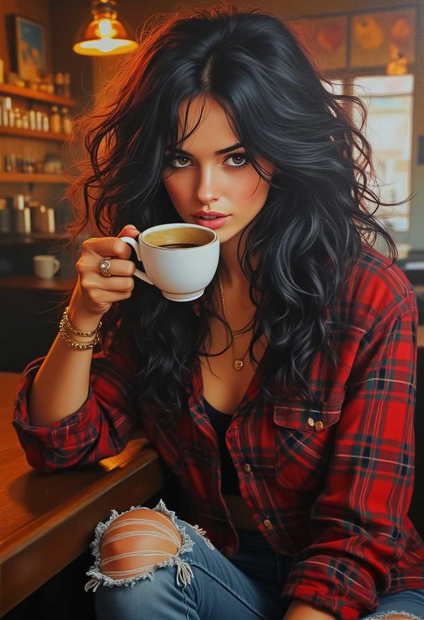 pretty woman, black+ red wavy hair, frayed and disheveled hair., messy, red plaid shirt, ripped jeans, sitting in bar, drinking coffee, airbrushed oil painting