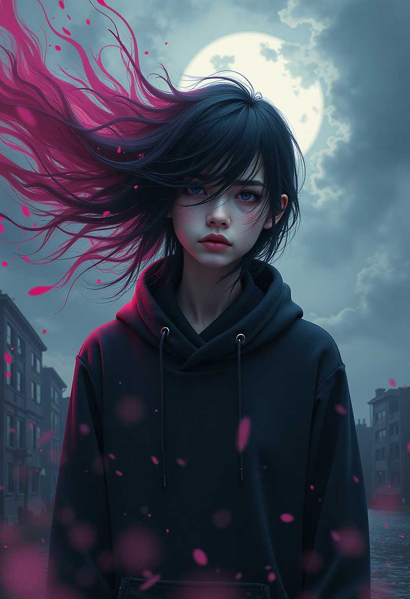 Create an **Emo Splash Artwork** showcasing:

- **Subject**: A central figure, a young person with an expressive, melancholic expression, their hair and clothing flowing dynamically as if caught in a powerful gust of wind or emotional turmoil.
  
- **Background**: A surreal, almost otherworldly landscape with:
  - A swirling, tempestuous sky filled with shades of deep purples, blues, and grays, suggesting a storm or emotional upheaval.
  - Distant, abstracted forms hinting at urban or industrial elements, slightly blurred to emphasize the central figure.
  
- **Visual Details**:
  - **Texture**: The figure's clothing should show intricate textures, with fabric that looks almost liquid, as if it's melting or being torn apart by the emotional intensity.
  - **Lighting**: Stark, dramatic lighting with harsh contrasts; the figure should be illuminated by a single, intense light source, creating sharp shadows that add to the dramatic effect.
  - **Details**: Insane attention to the minutiae like the individual strands of hair, the droplets of 'emo tears' or 'splash' effects emanating from the figure, each droplet capturing the light in a unique way.

- **Style**: A blend of **hyperrealism** and **abstract expressionism**, with influences from **Gothic Art**, capturing the raw emotional intensity with surreal, fluid elements.

- **Composition**: 
  - The figure should be positioned slightly off-center, allowing for the dynamic movement of the splash art to extend into the background, creating a sense of movement towards the viewer.
  - Use a **wide-angle lens effect** to enhance the drama and depth of the scene, with the subject appearing larger and more imposing than the background.

- **Mood and Atmosphere**: 
  - The scene should evoke a sense of **overwhelming emotion**, capturing the essence of the 'emo' subculture with its emphasis on introspection and emotional intensity.
  - The time of day should be ambiguous, with the lighting suggesting either a stormy dusk or an early morning, enhancing the surreal quality.

- **Technical Aspects**:
  - Employ **bokeh** to blur the background slightly, focusing on the figure while still allowing the detailed background to be visible.
  - Use **long exposure techniques** for the splash effect, ensuring the movement appears fluid and almost painterly.

- **Cohesion**: All elements should coalesce to form a cohesive narrative of emotional intensity, where the figure's expression, the dynamic movement of the splash, and the surreal background all contribute to a single