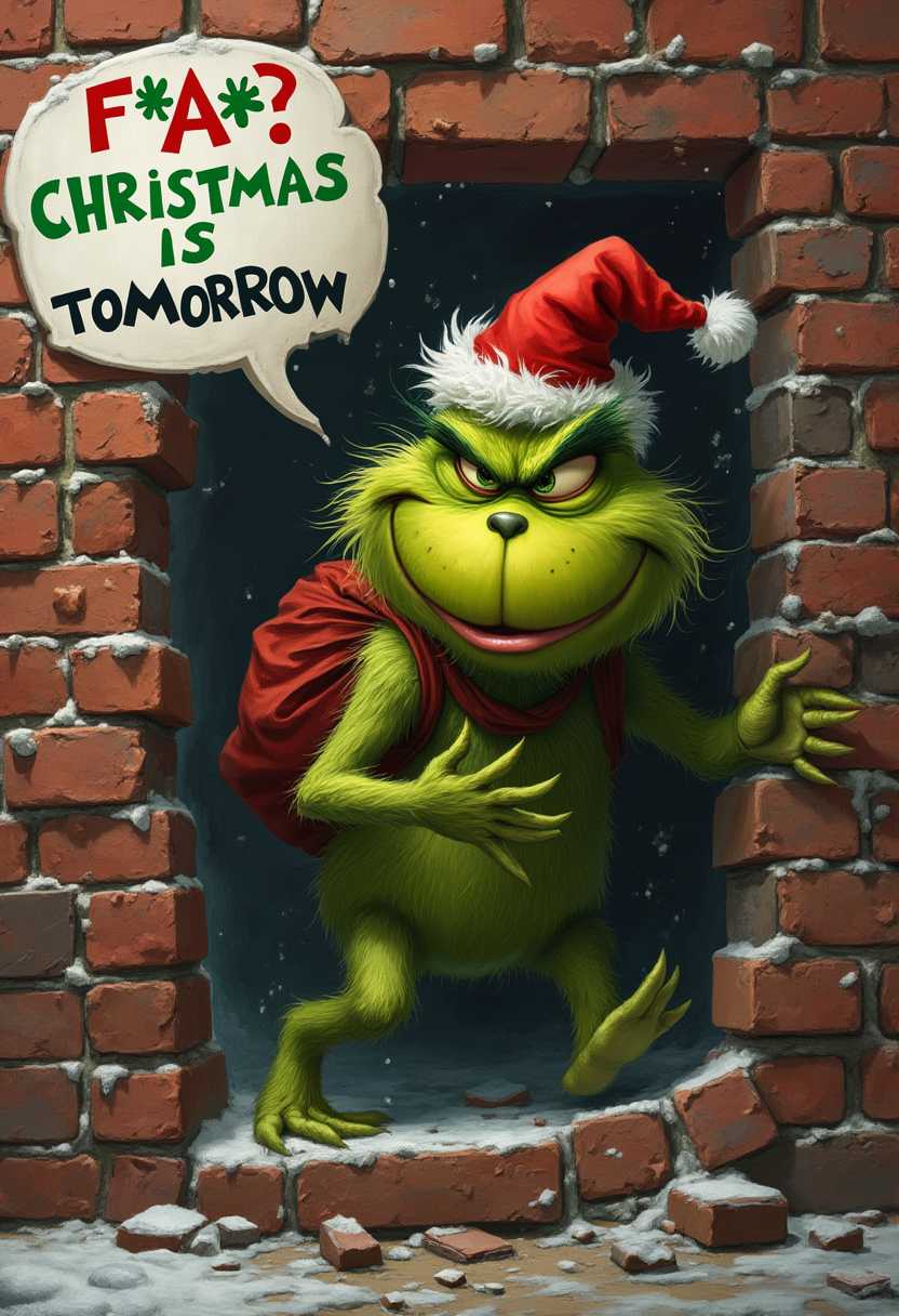 photorealistic frantic Grinch, speech bubble with 'F*@?, CHRISTMAS IS TOMORROW' Grinch in a red hat, and has a red sack over his shoulder, busting through a brick wall.